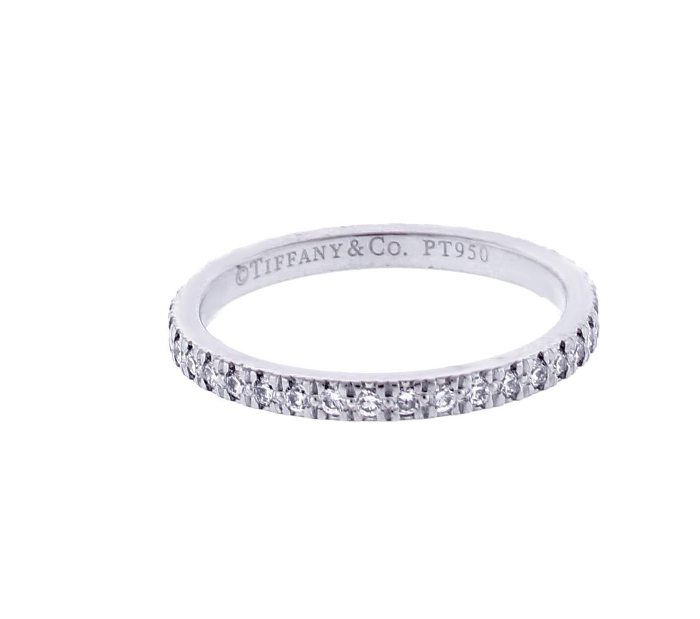 From the Soleste collection, a full circle diamond band ring
♦ Designer: Tiffany & Co.
♦ Metal: Platinum
♦ 36diamonds= .36 carats F-VSS
♦ 2mm wide
♦ Circa 2015
♦ Size 7
♦ Packaging: Tiffany Box
♦ Condition: Excellent , pre-owned
♦ Price: Based on