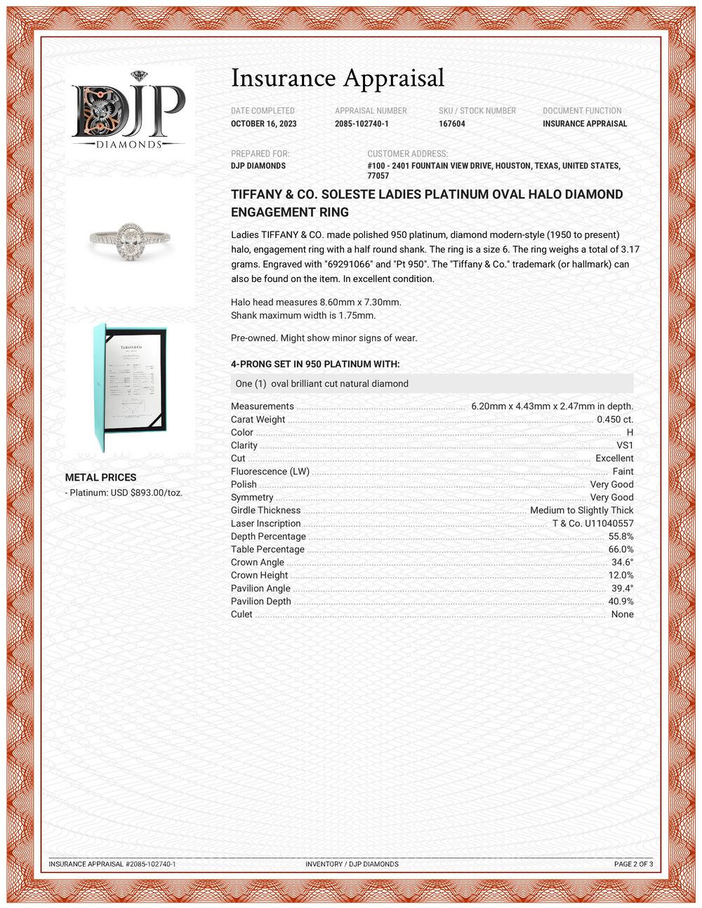 Tiffany & Co. Soleste Damen Platin Verlobungsring mit ovalem Halo-Diamant 5