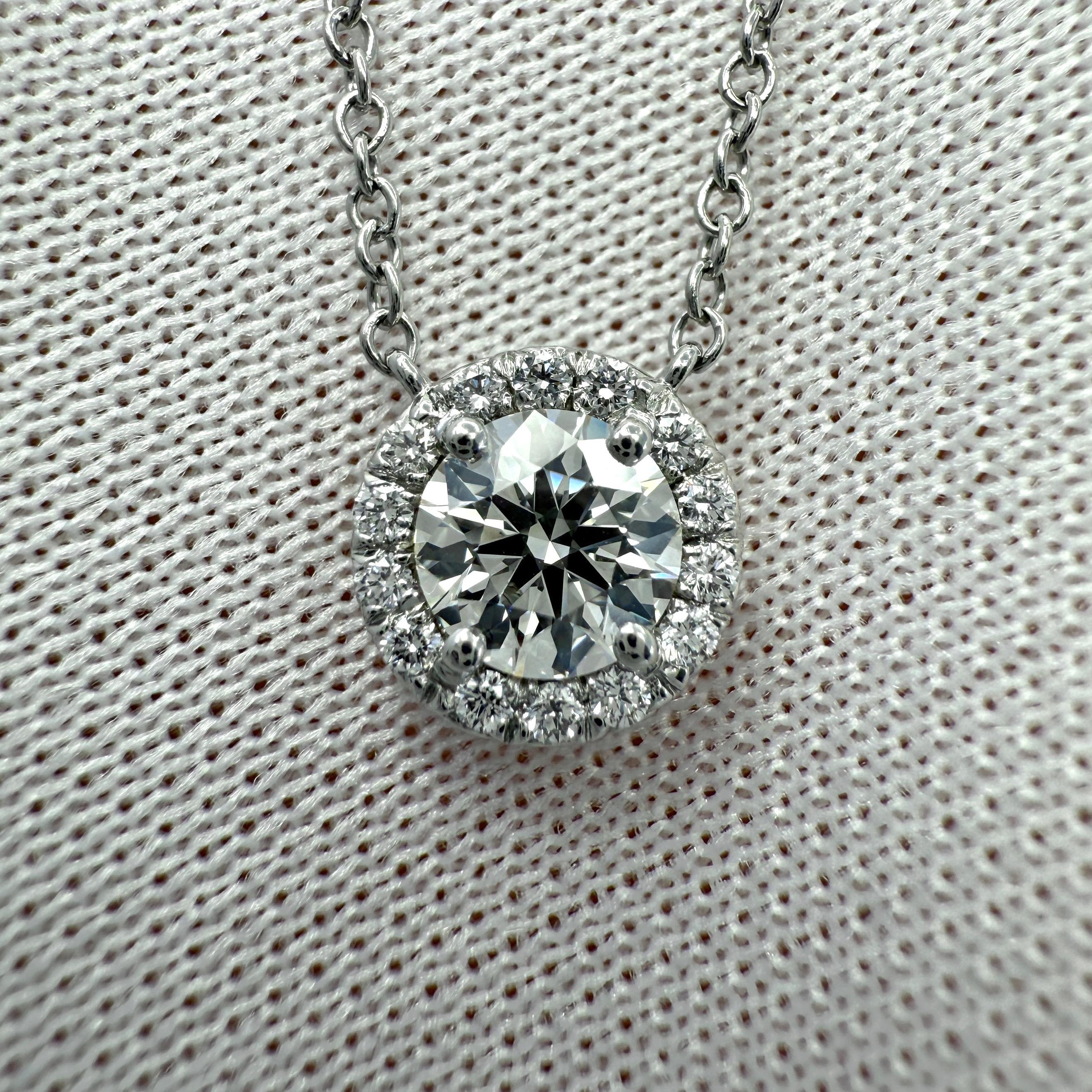 Round Cut Tiffany & Co. Soleste Natural Round Diamond Halo VVS Platinum Pendant Necklace For Sale