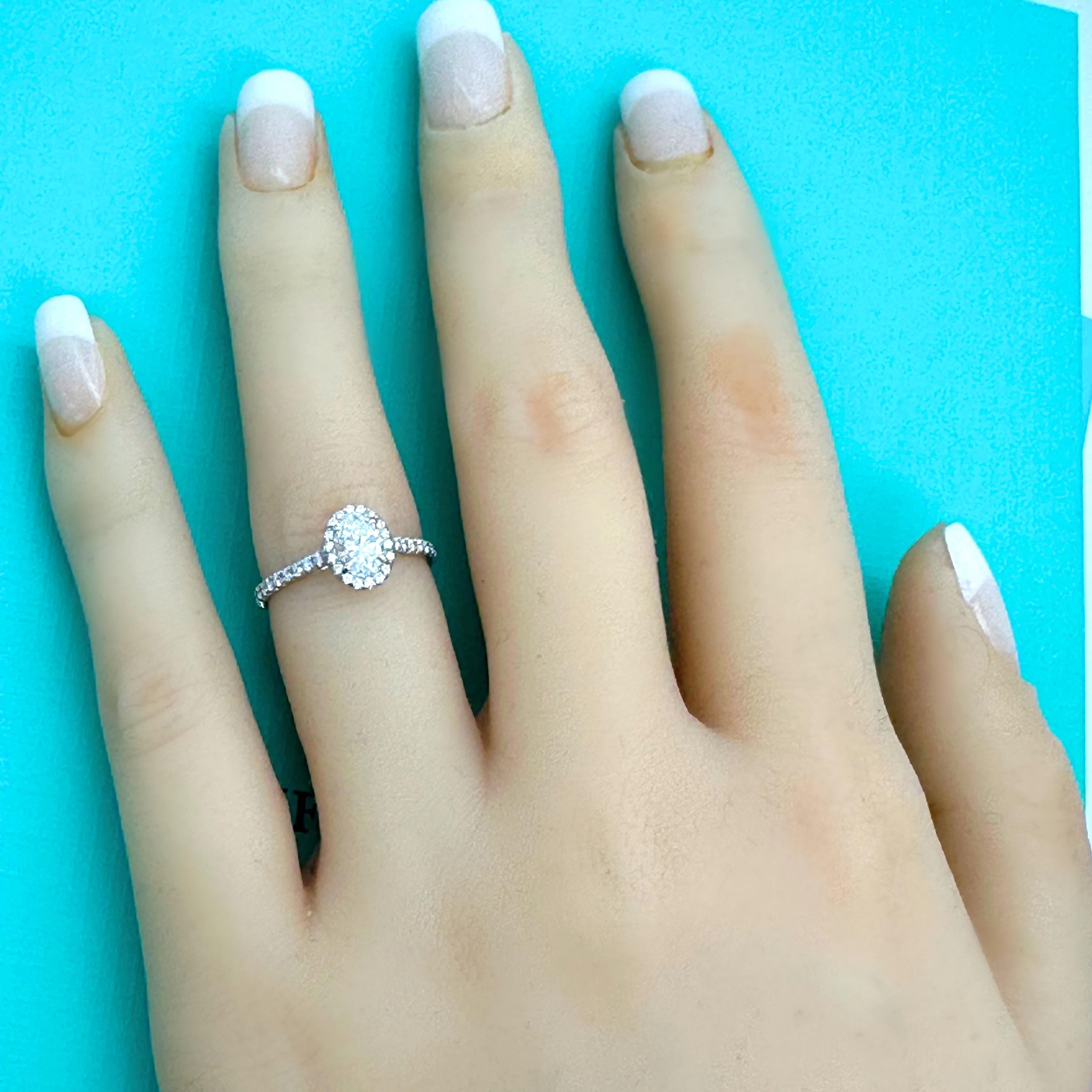 Tiffany & Co. Soleste Oval Diamond 0.60 ct E VS2 Halo Engagement Ring Platinum For Sale 12