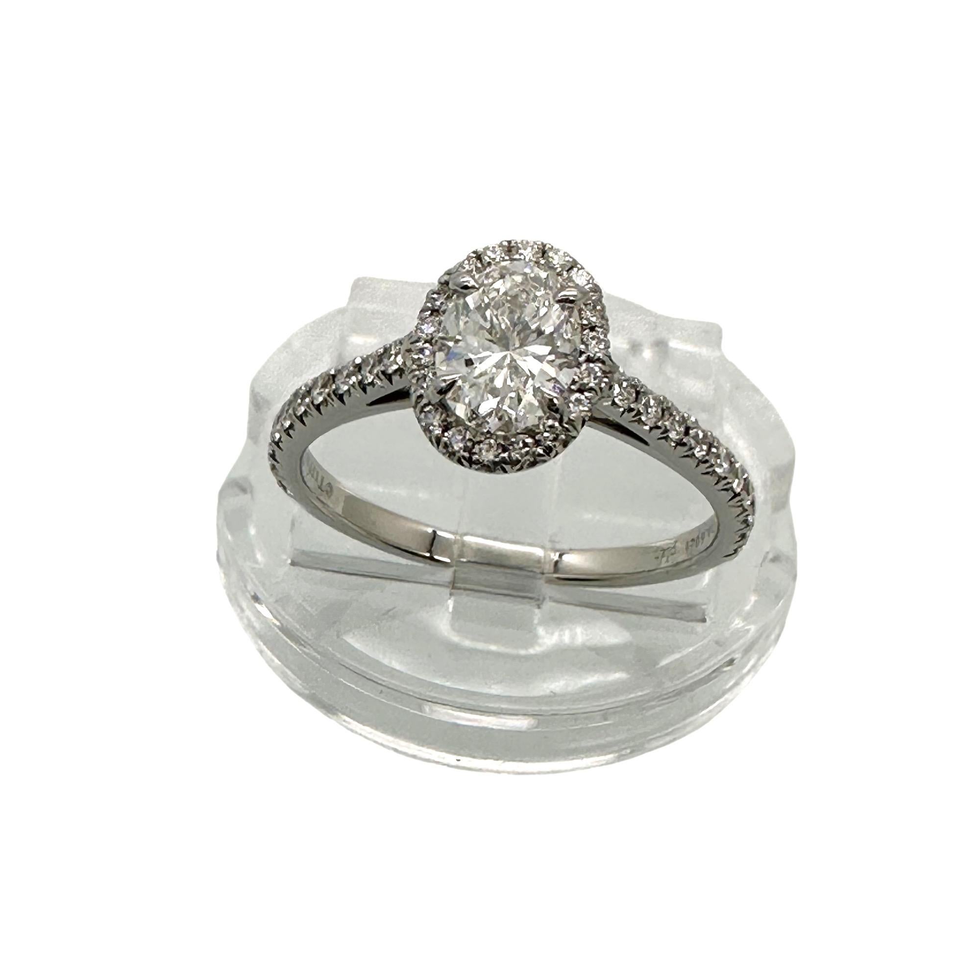 Tiffany & Co. Soleste Oval Diamond 0.60 ct E VS2 Halo Engagement Ring Platinum In Excellent Condition For Sale In San Diego, CA