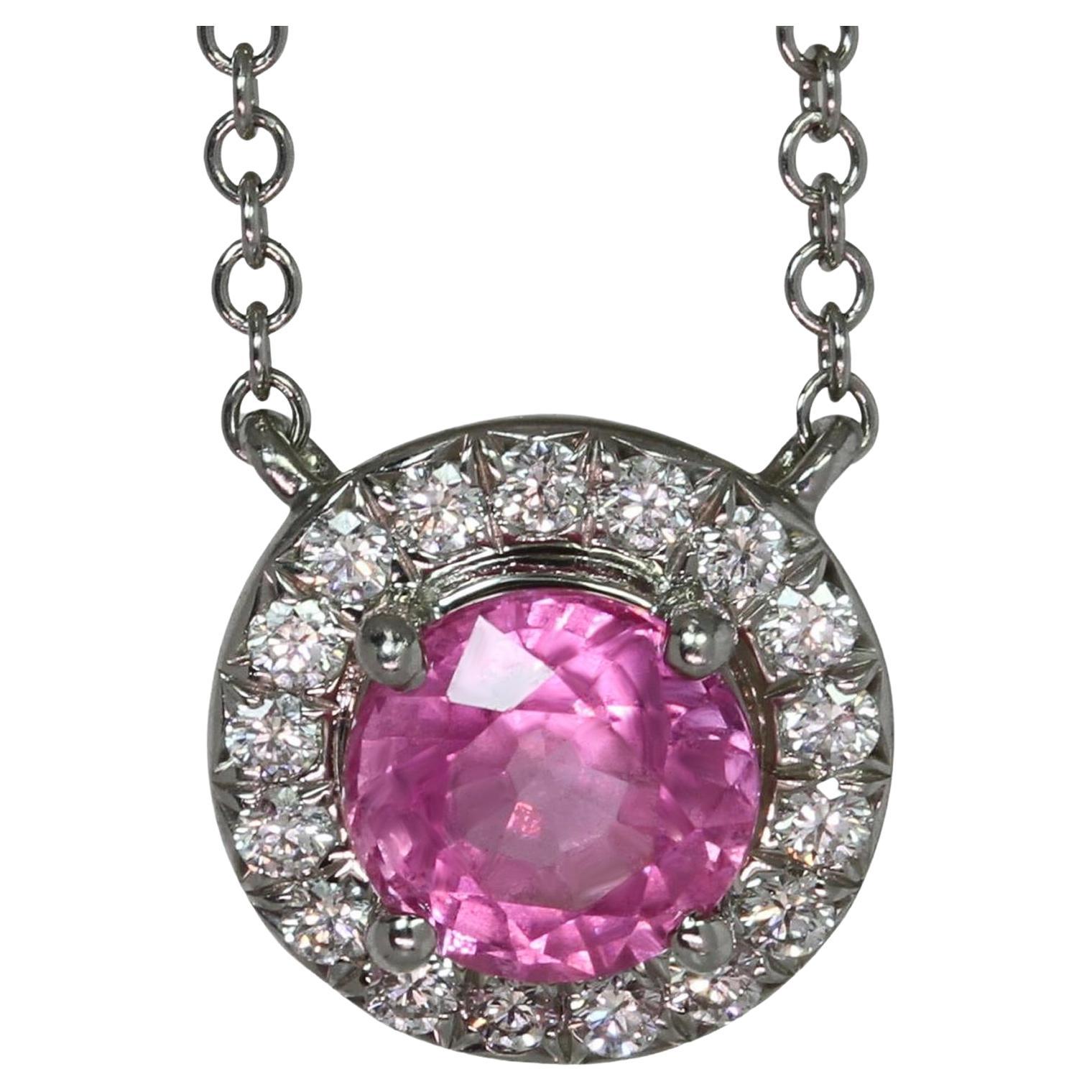 TIFFANY & CO. Soleste Pink Sapphire Diamond Platinum Pendant Necklace For Sale