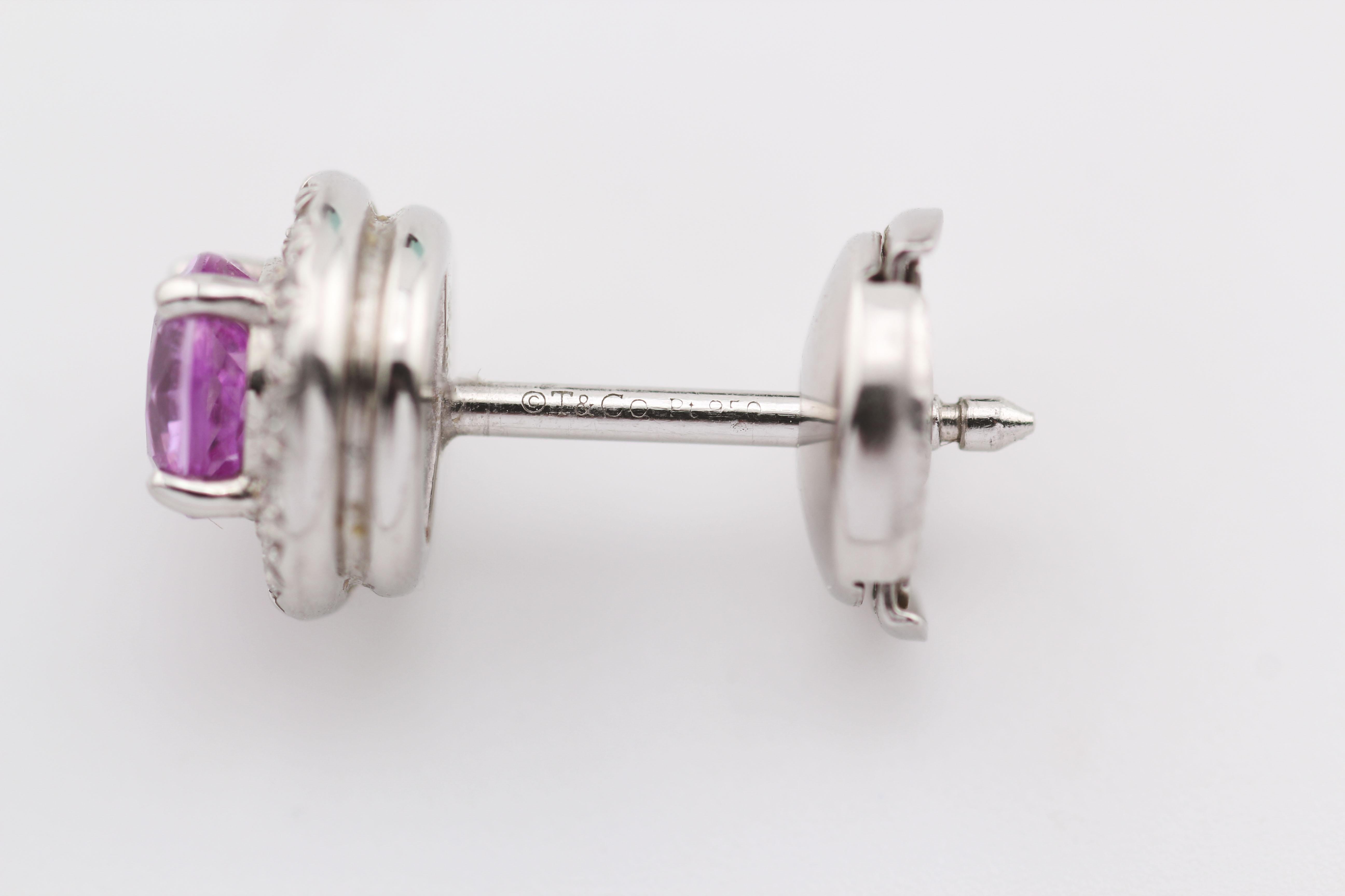 Tiffany & Co. Soleste Pink Sapphire Diamond Platinum Stud Earrings In Excellent Condition For Sale In Simpsonville, SC