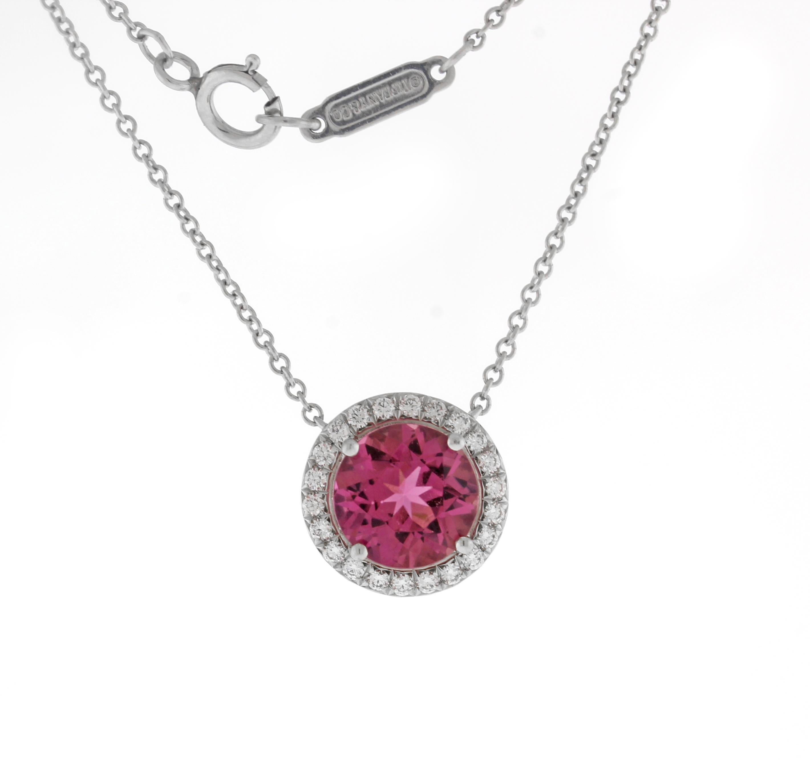 Round Cut Tiffany & Co. Soleste Pink Tourmaline  Diamond Halo Pendant