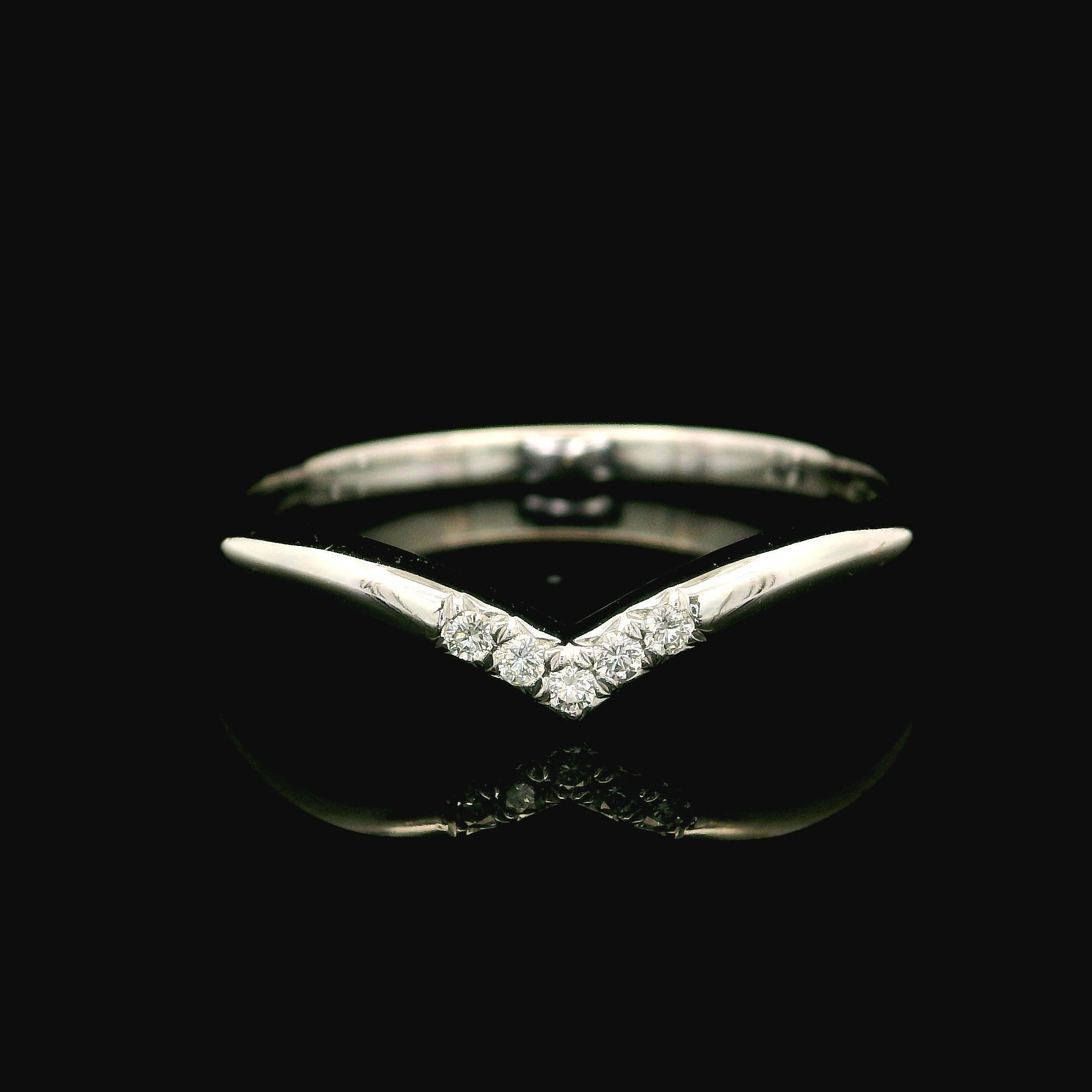 –Stone(s)–
(5) Natural Genuine Diamonds - Round Brilliant Cut - Pave Set - G Color - VS2 Clarity  - 0.04ctw (exact)

Material: Solid Platinum .900+
Weight: 3.59 Grams
Ring Size: 8.5 ( fitted on finger, please contact us prior to purchase for sizing