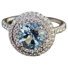 Tiffany & Co. Anillo Soleste Platino 8mm Diamante Aguamarina Redondo Central sz 6
