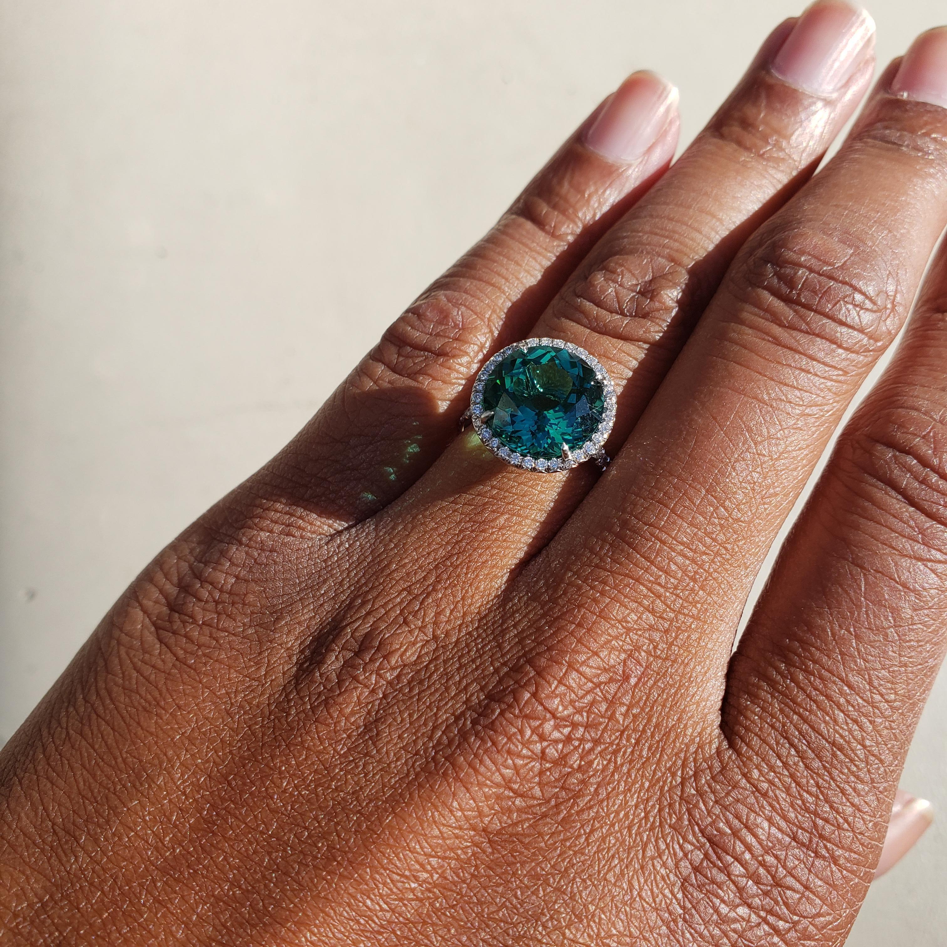 Tiffany & Co. 'Soleste' Platinum Blue-Green Tourmaline and Diamond Ring 2