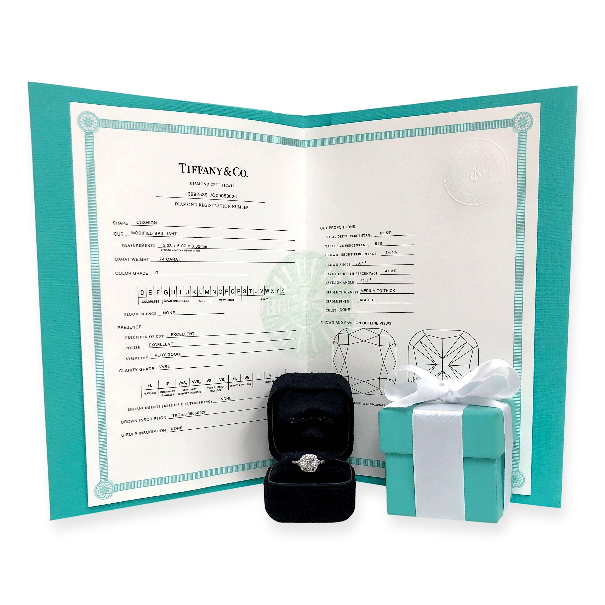 Tiffany & Co. Soleste Platinum Cushion Diamond Engagement Ring 1.02Cts Ttl GVVS2 2