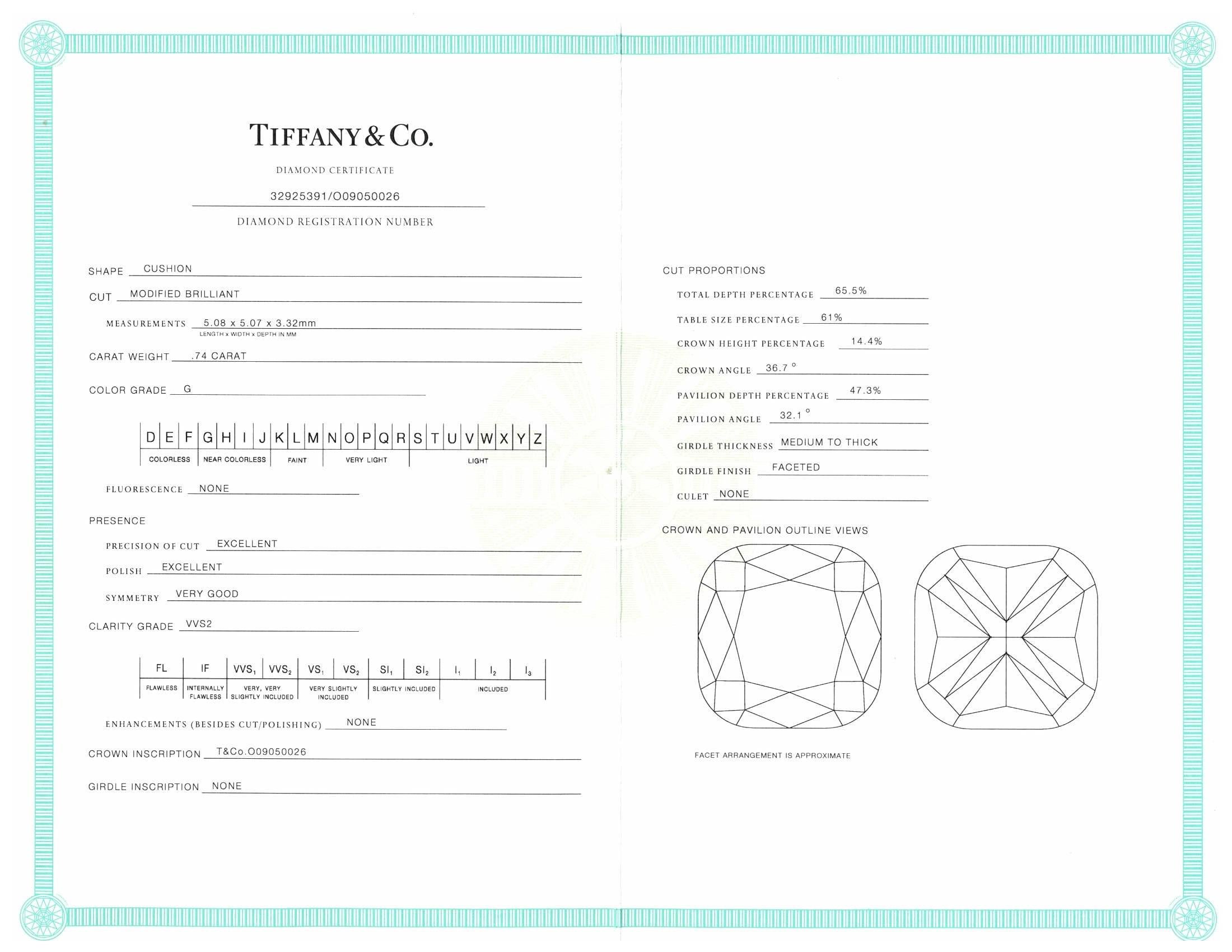 Tiffany & Co. Soleste Platinum Cushion Diamond Engagement Ring 1.02Cts Ttl GVVS2 3