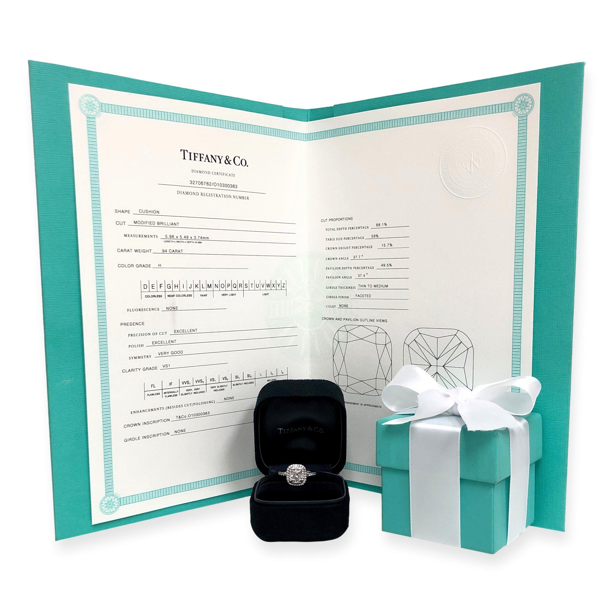 Women's Tiffany & Co. Soleste Platinum Cushion Diamond Engagement Ring 1.29Cts Ttl HVS1