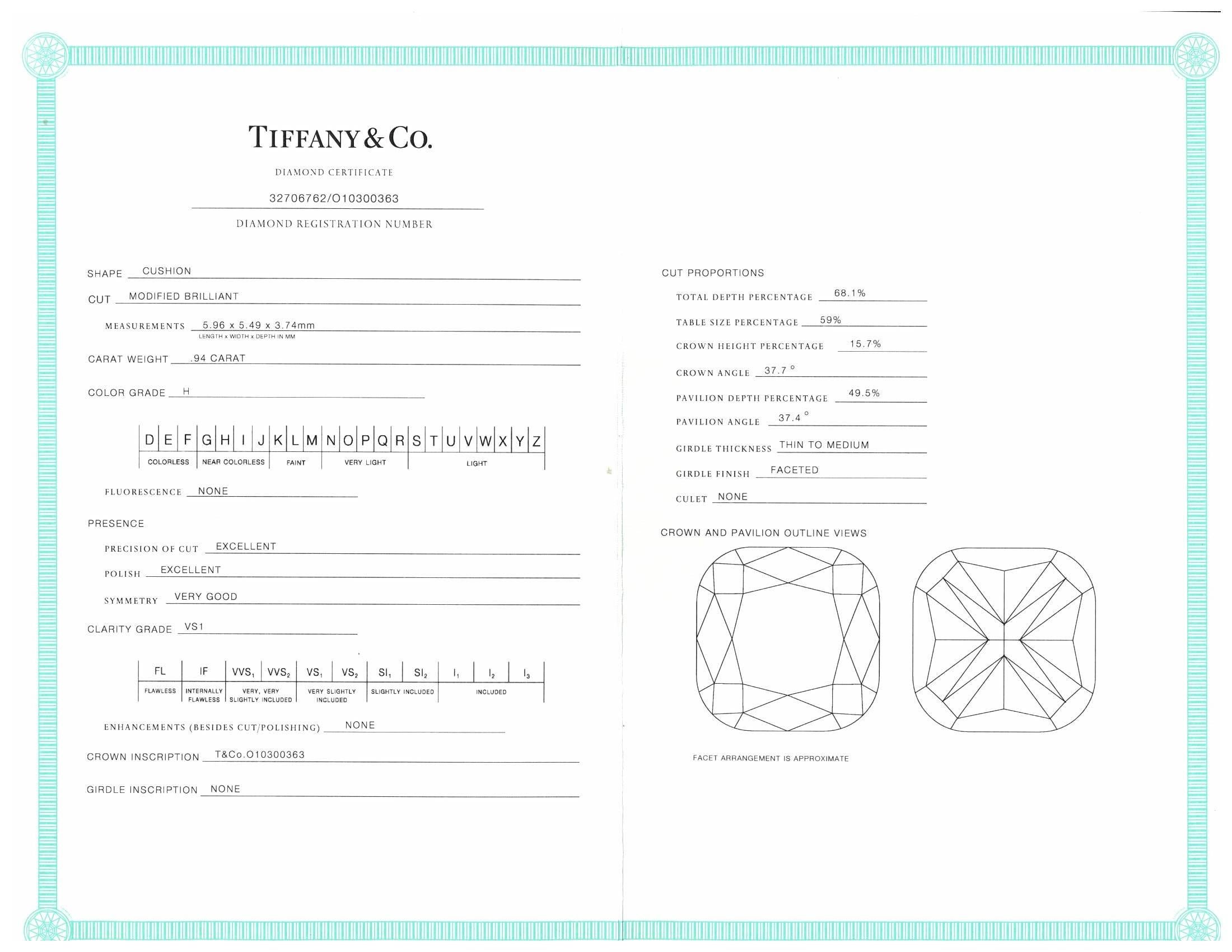 Tiffany & Co. Soleste Platinum Cushion Diamond Engagement Ring 1.29Cts Ttl HVS1 1