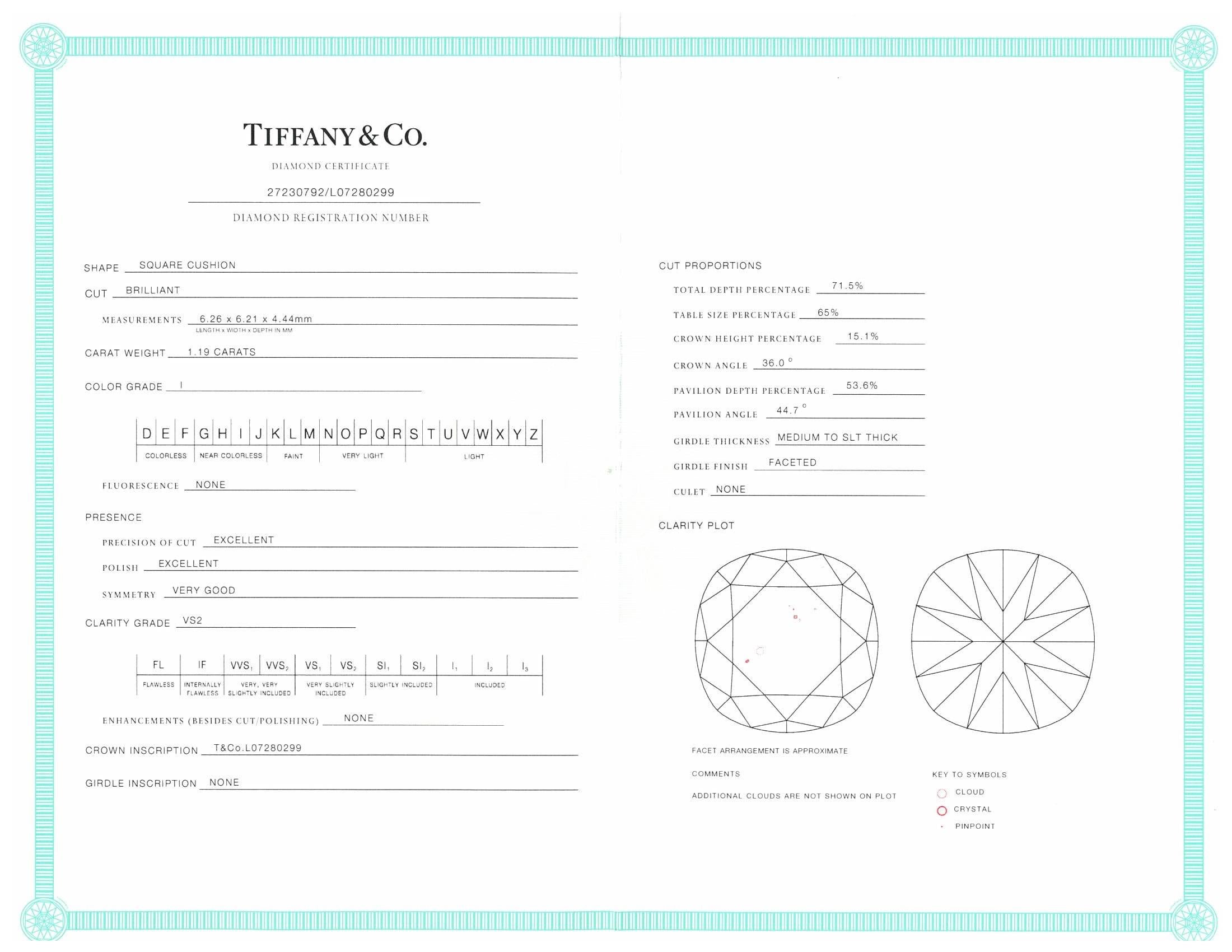 Tiffany & Co. Soleste Platinum Cushion Diamond Engagement Ring 1.55Cts Total IVS 5