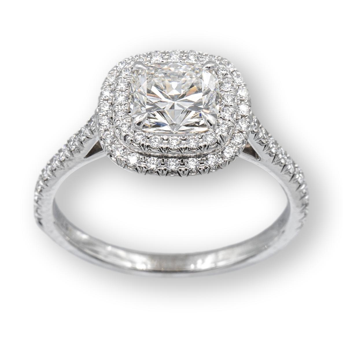 Tiffany & Co. Soleste Platinum Cushion Diamond Engagement Ring 1.55Cts Total IVS 1