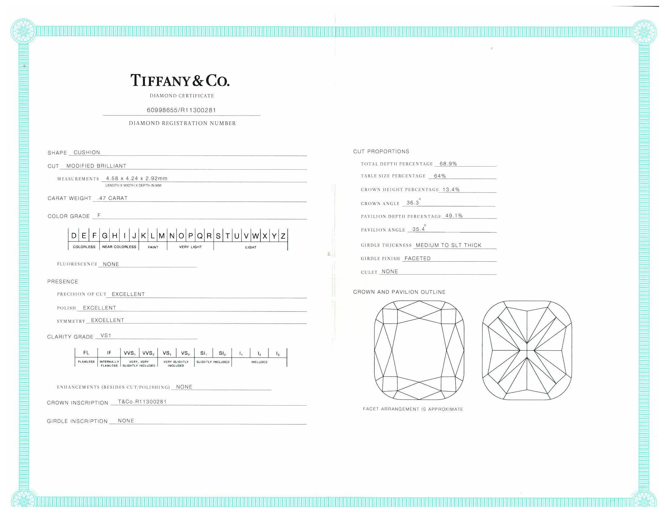 Tiffany & Co. Soleste Platinum Cushion Diamond Engagement Ring .82ct TW FVS1 5