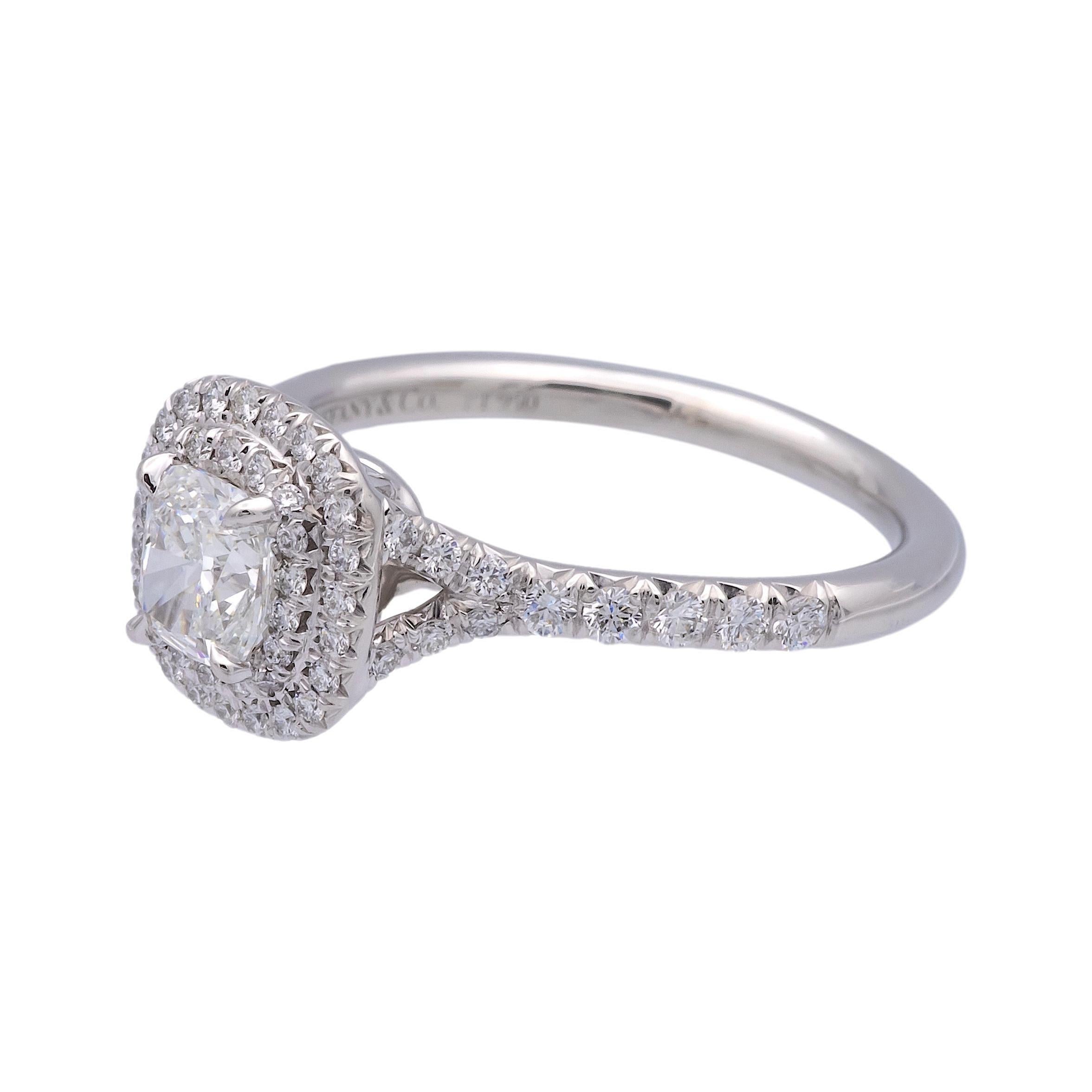 Modern Tiffany & Co. Soleste Platinum Cushion Diamond Engagement Ring .94TW F-G VVS-VS