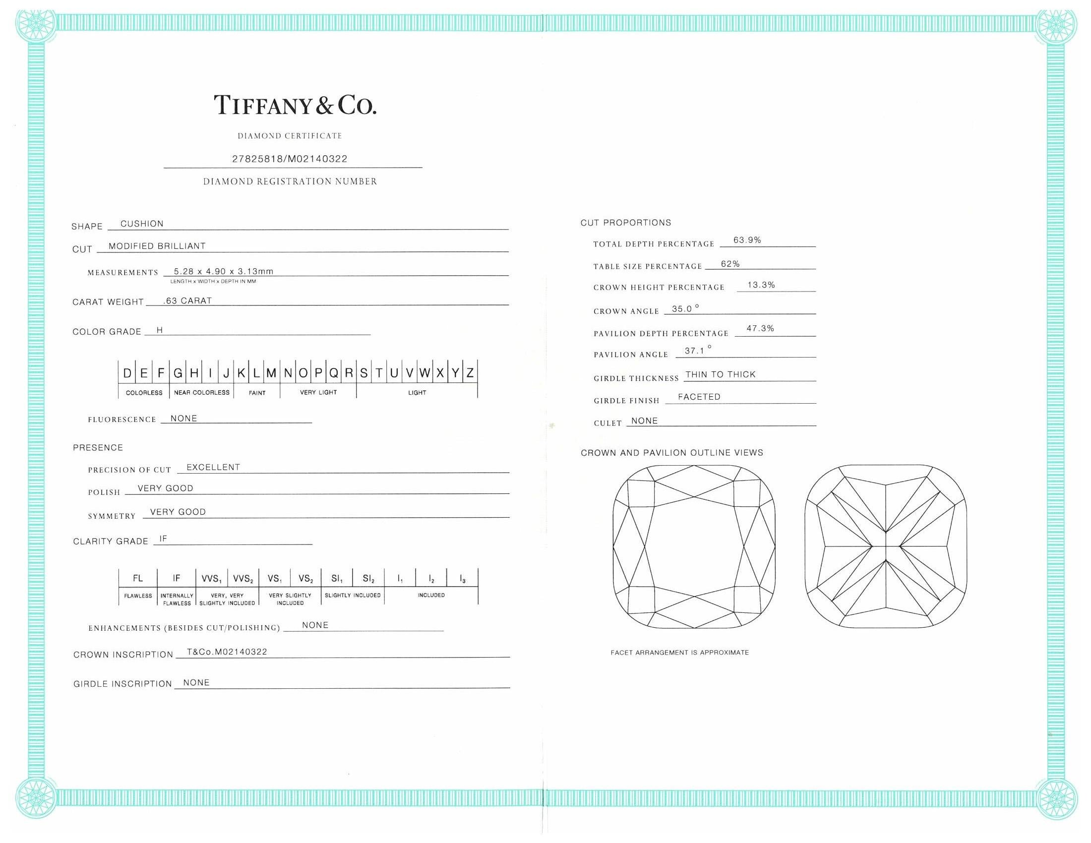 Tiffany & Co. Soleste Platinum Cushion Diamond Engagement Ring .98Cts Ttl. H IF 2