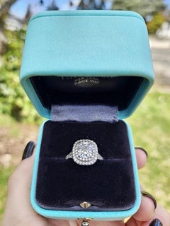 Tiffany & Co. Soleste Platinum Cushion Double Halo Diamond Ring 1.63 TCW D VS1
