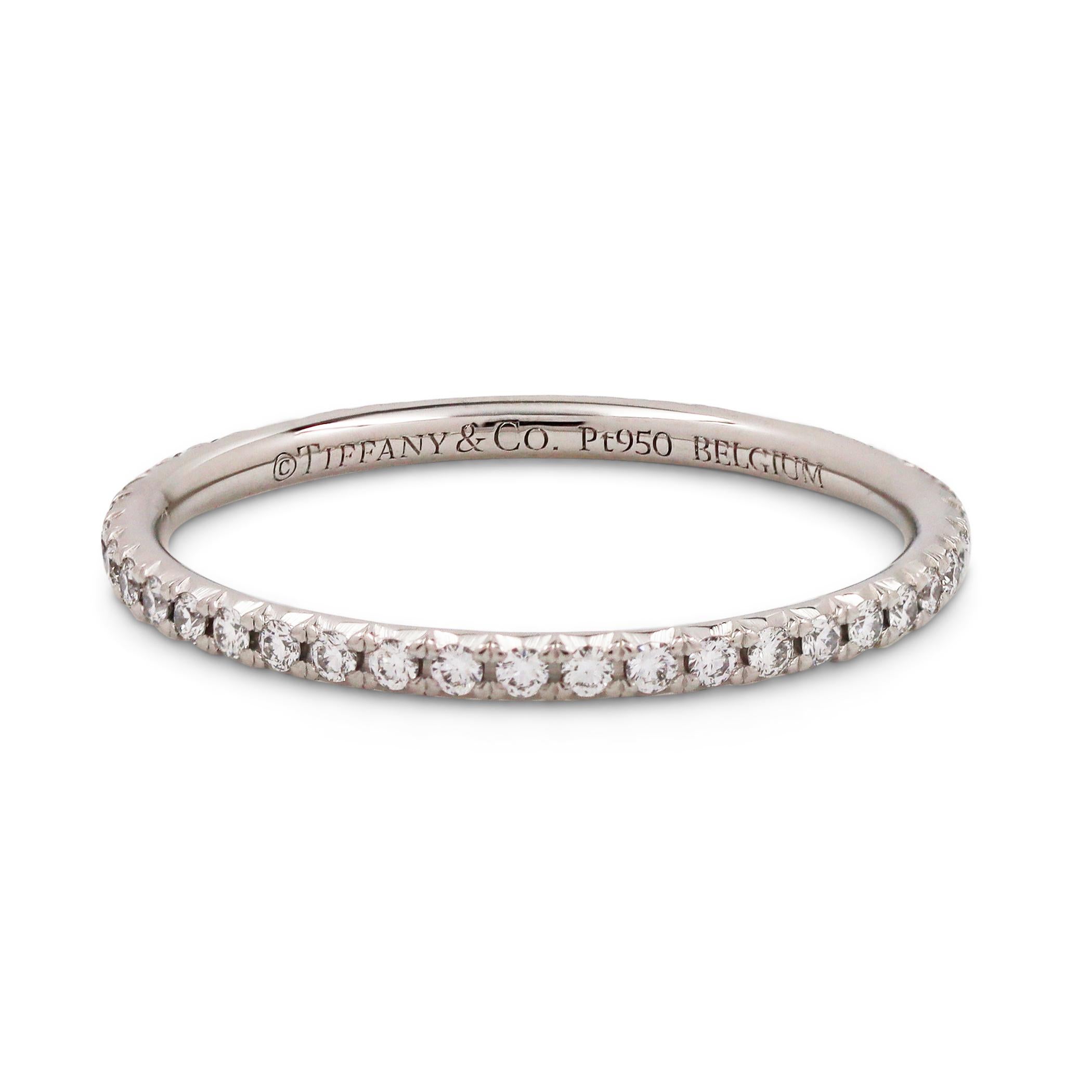Authentic Tiffany & Co. 'Soleste' eternity band crafted in platinum and set with approximately 0.42 carats of glittering round brilliant cut diamonds. US Size 6. Signed Tiffany & Co., PT950, Belgium. Ring is presented without the original box and