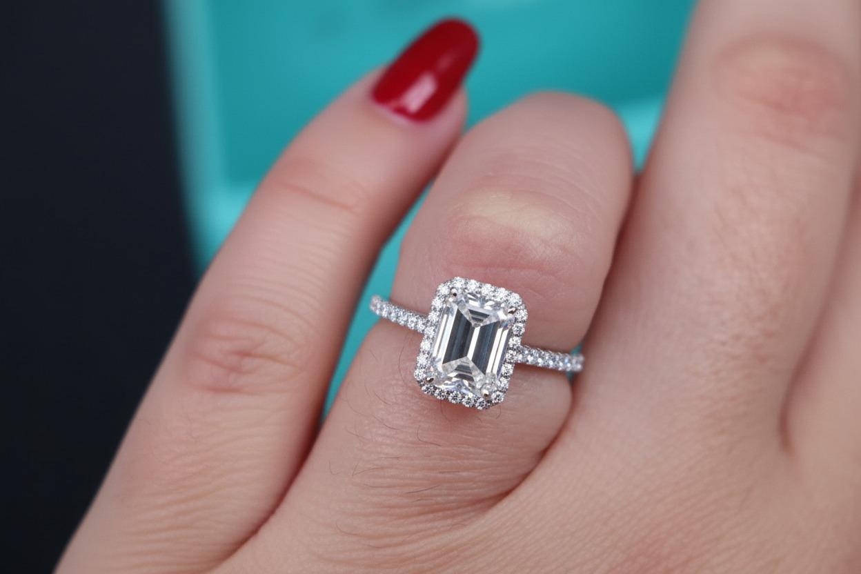 Taglio smeraldo Tiffany & Co. Anello di fidanzamento Soleste in platino con diamanti taglio smeraldo in vendita