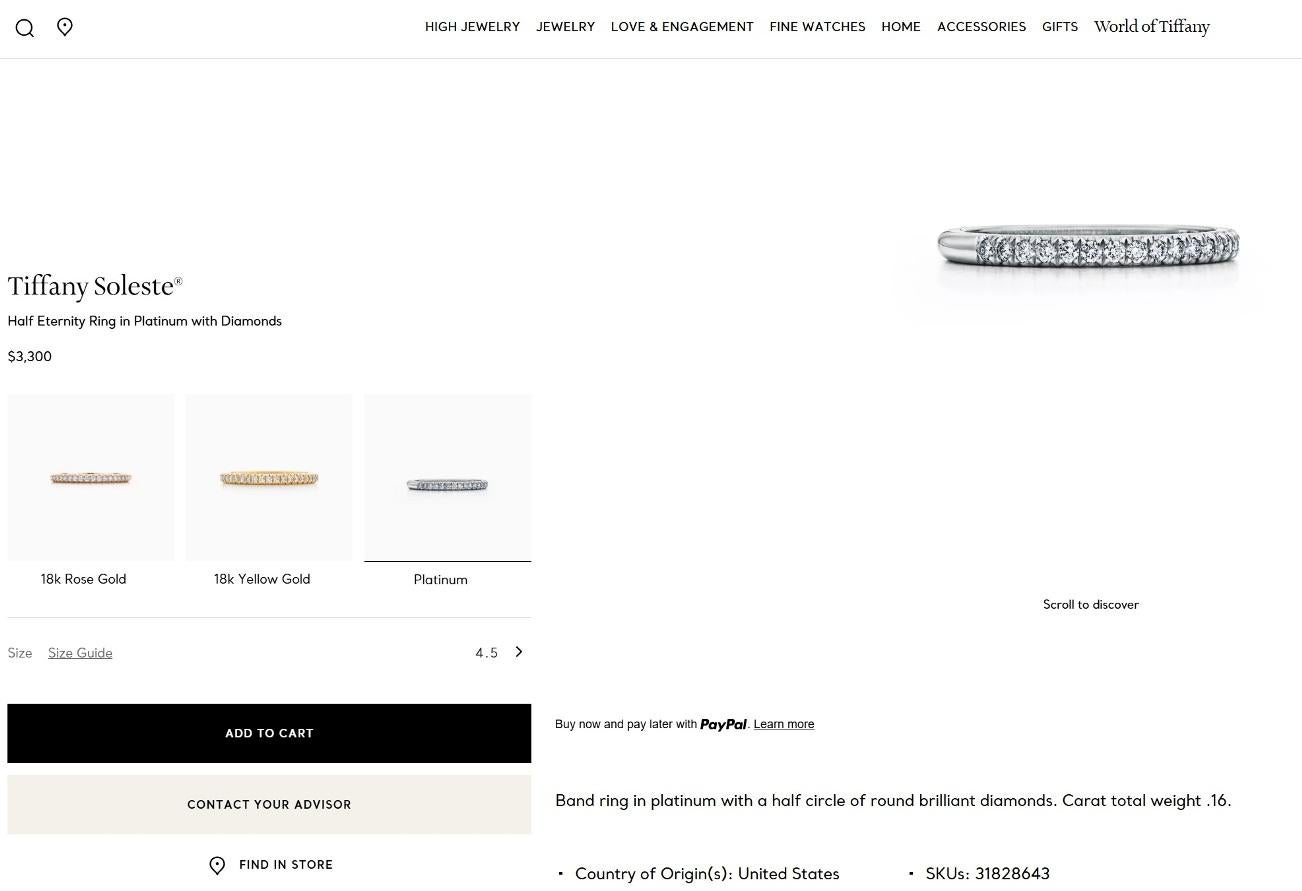 TIFFANY & Co. Bague Soleste en platine avec demi-cercle de diamants, taille 4.5 en vente 1