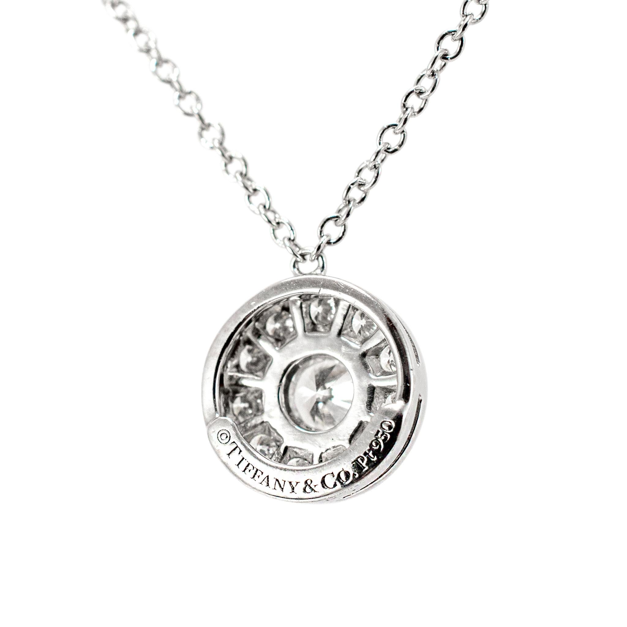 Round Cut Tiffany & Co. Soleste Platinum Halo Diamond Pendant Necklace For Sale