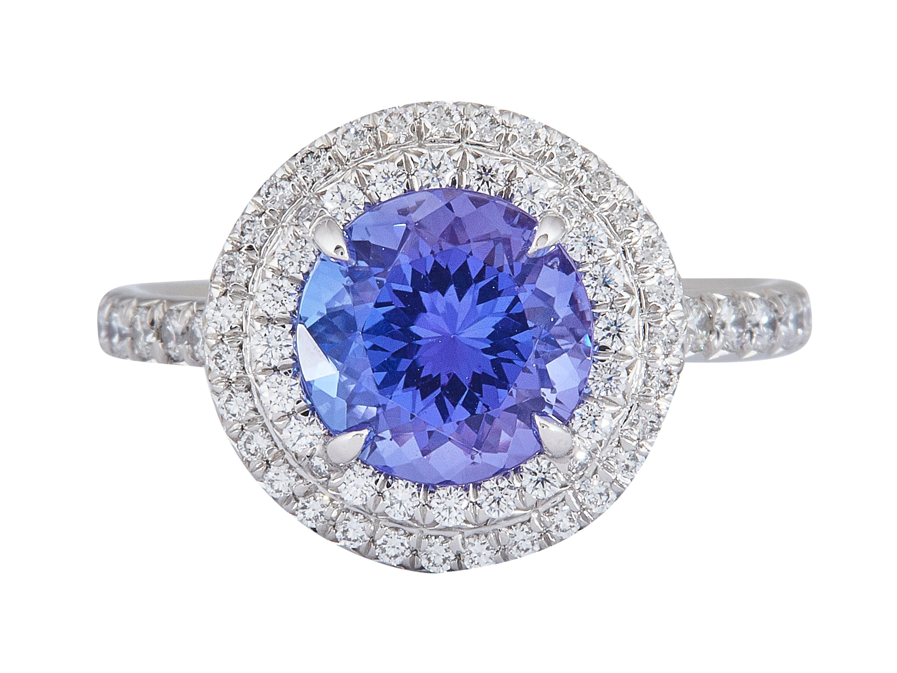 The ring:
A Tiffany & Co. Soleste ring. Dsigned as a round cut tanzanite, surrounded by a double halo of round brilliant cut diamonds, set in platinum with a high polish. 
Accompanied by…
Original box
Service paperwork

The ring is in excellent