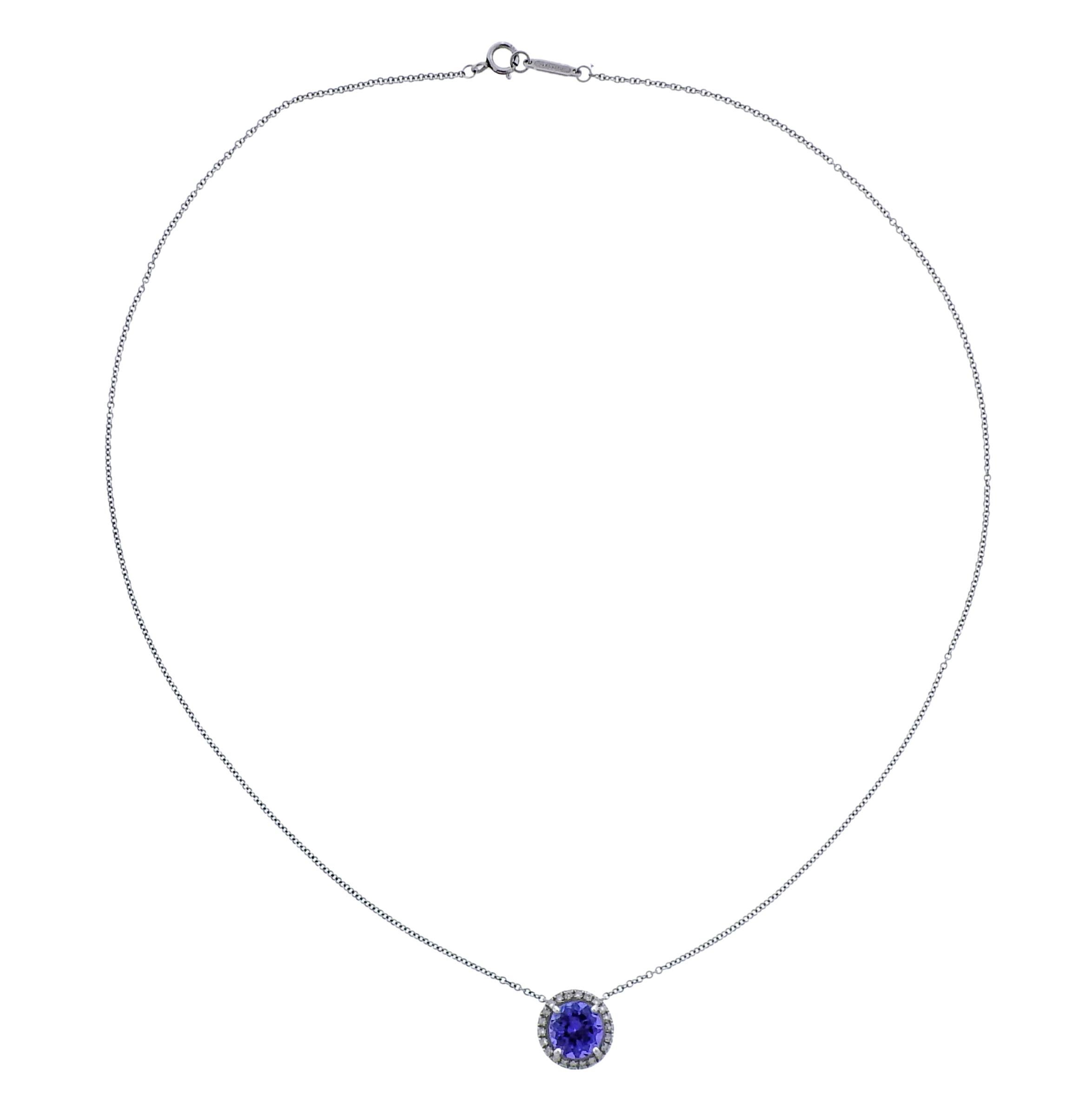 Platinum Soleste necklace with pendant by Tiffany & Co, with approx. 2 carat tanzanite and 0.09ctw in G/VS diamonds. Retail $6400, comes with box.   Necklace is 16