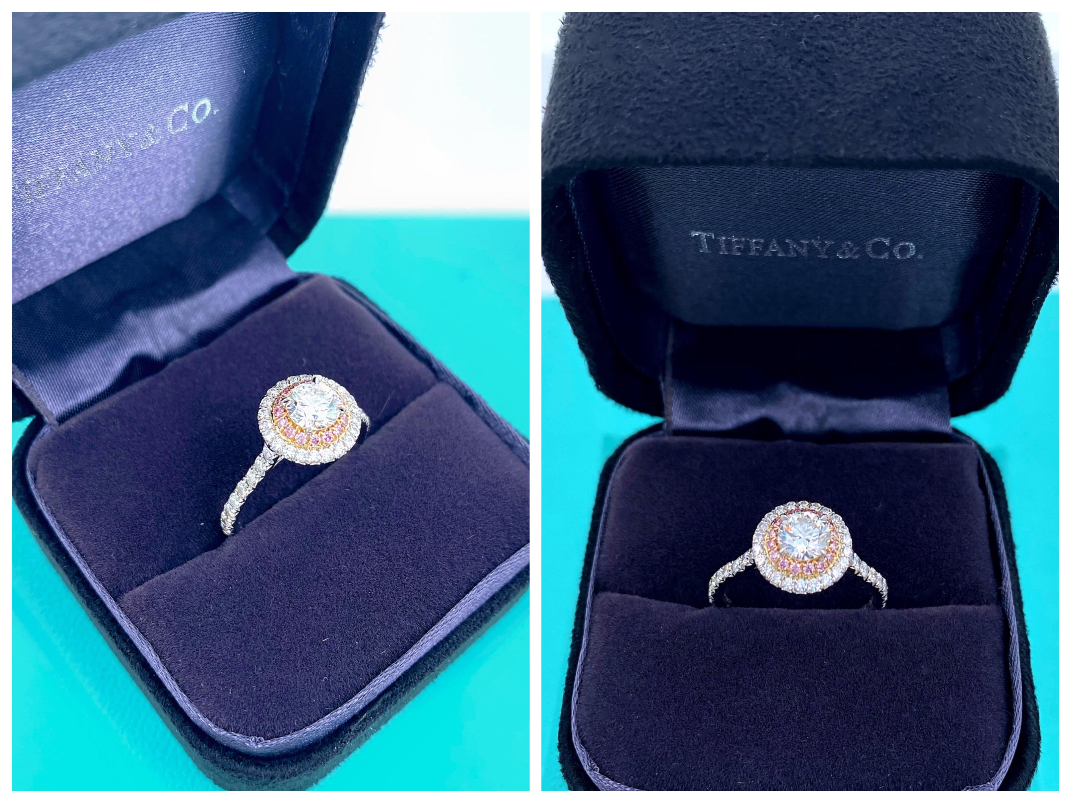 TIFFANY & CO Soleste Double Halo Pink Diamonds Engagement Ring
T&C Diamond Number:  32435017/O09121320
Metal:  Platinum PT950
Size:  5 sizable
TCW:  0.90 tcw
Main Diamond:  Round Brilliant Diamond 0.52 ct 
Color & Clarity:  I - VS2
Accent Diamonds: 