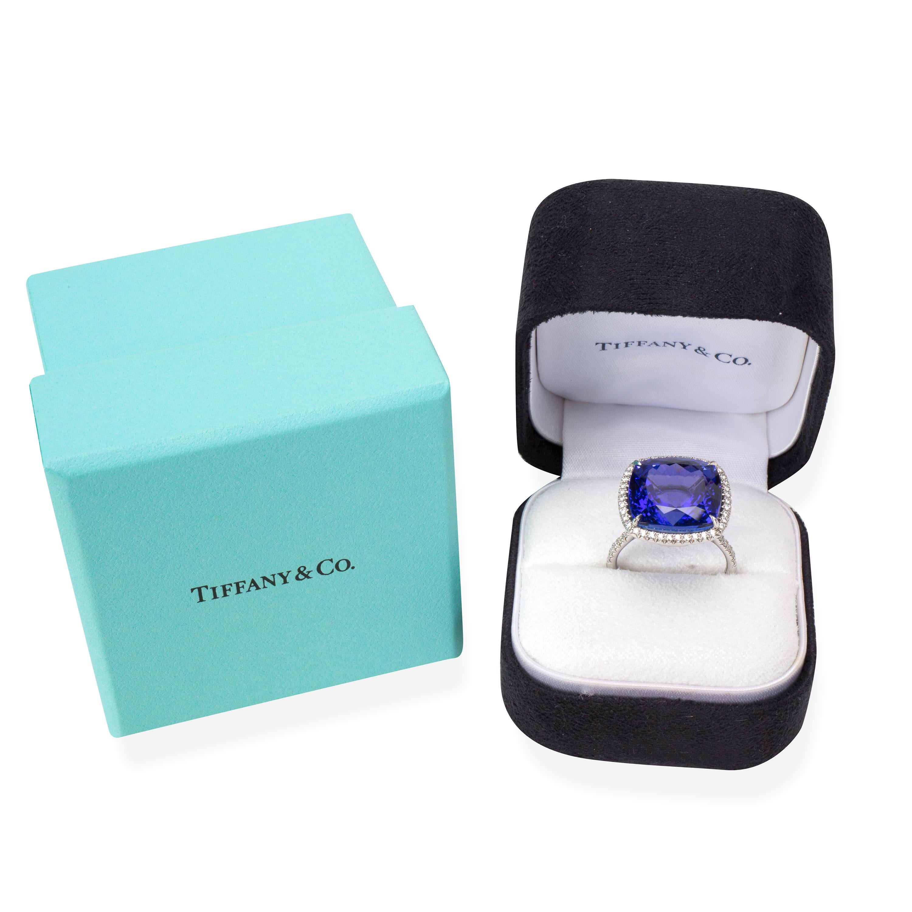 Cushion Cut Tiffany & Co. Soleste Tanzanite and Diamond Halo Ring in Platinum 18.14 Carat