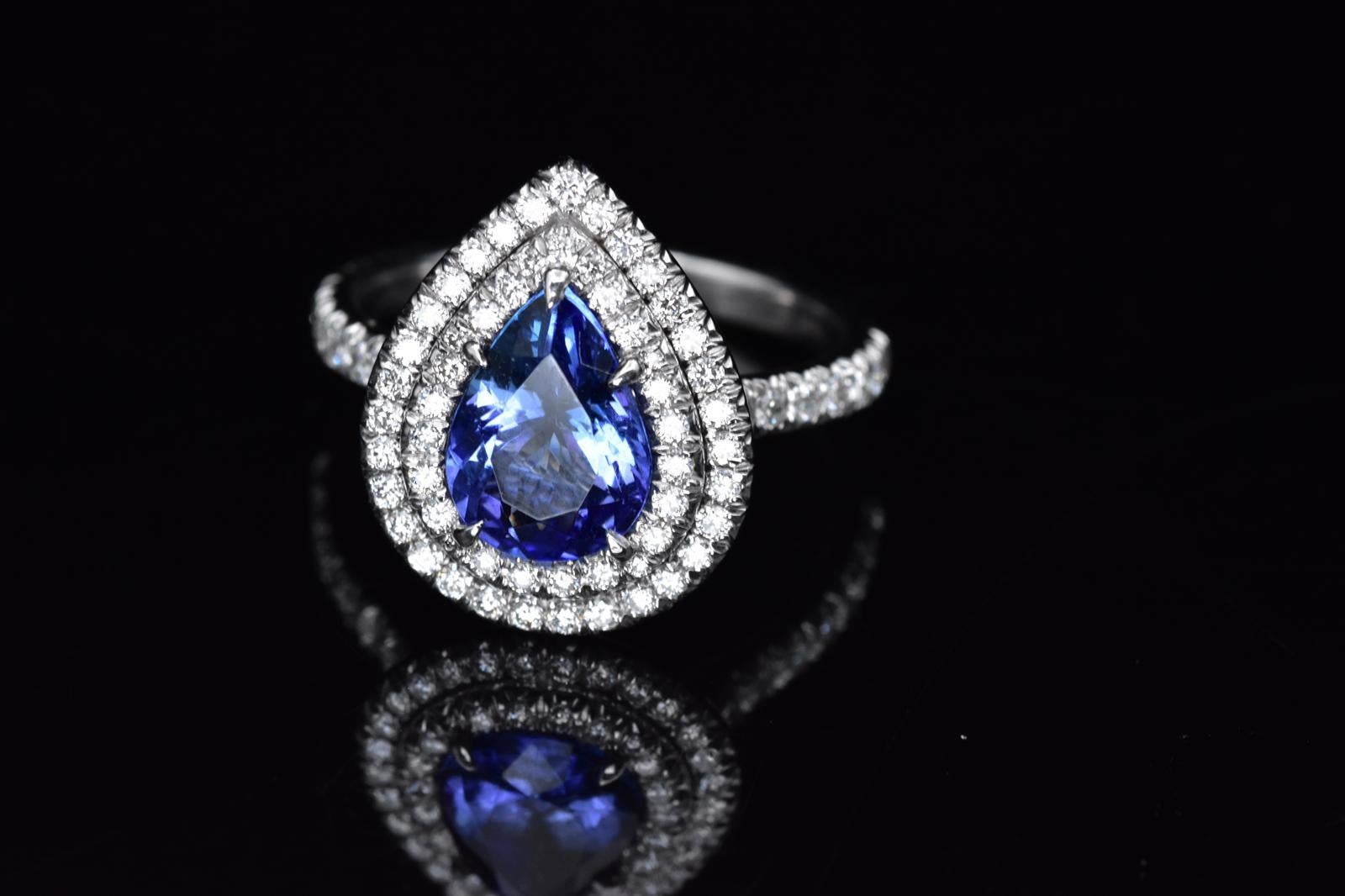 Tiffany CO Soleste Platinum ring with Pear Shape Tanzanite 
Tanzanite approximate weight is 1.25 
Diamonds , carat weight .45 
Size : US 6 ( can be resized with the request)
Comes with: original Tiffany box and valuation report for insurance