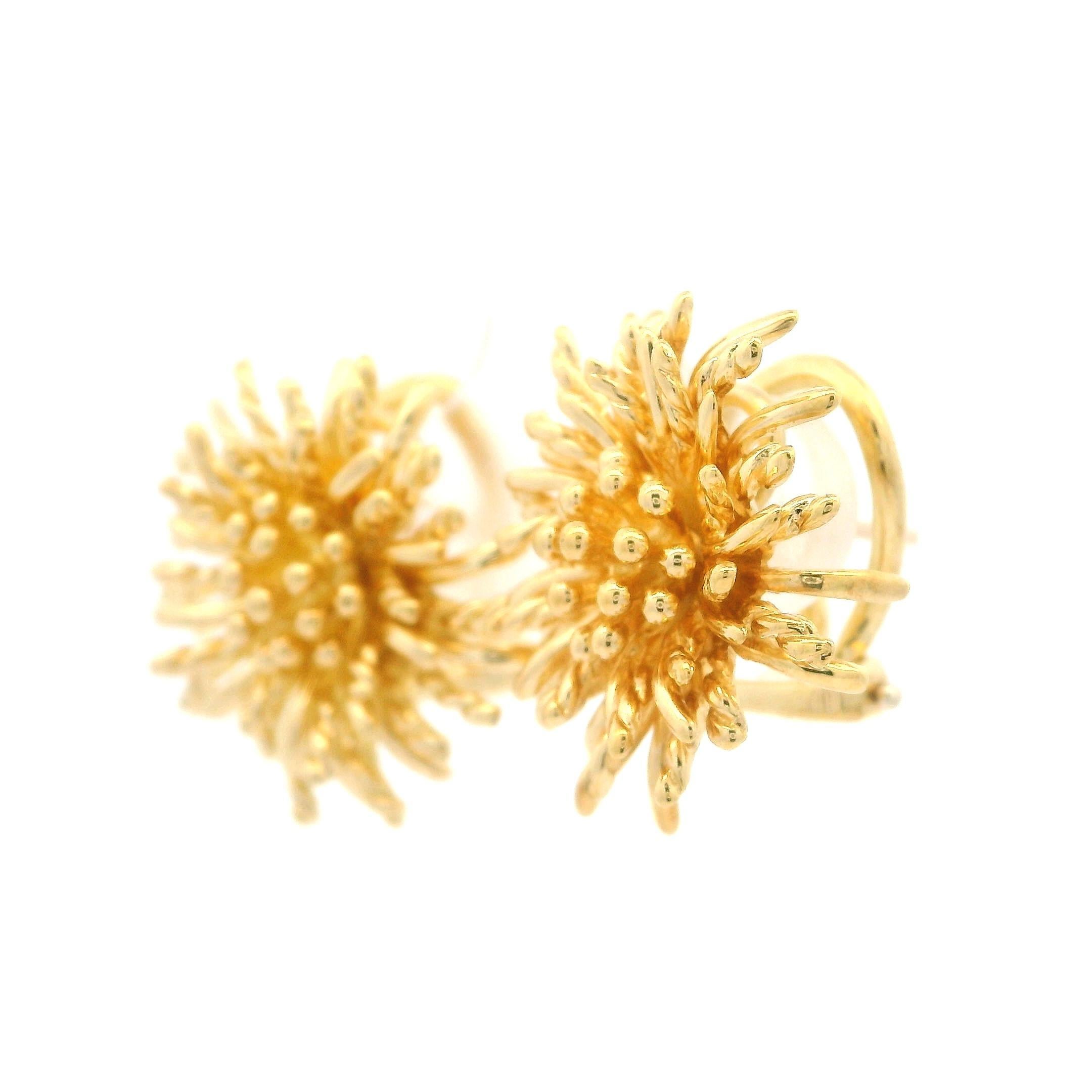 Tiffany & Co. Solid 18k Yellow Gold Spray Sea Anemone Omega Earrings In Excellent Condition In Montclair, NJ