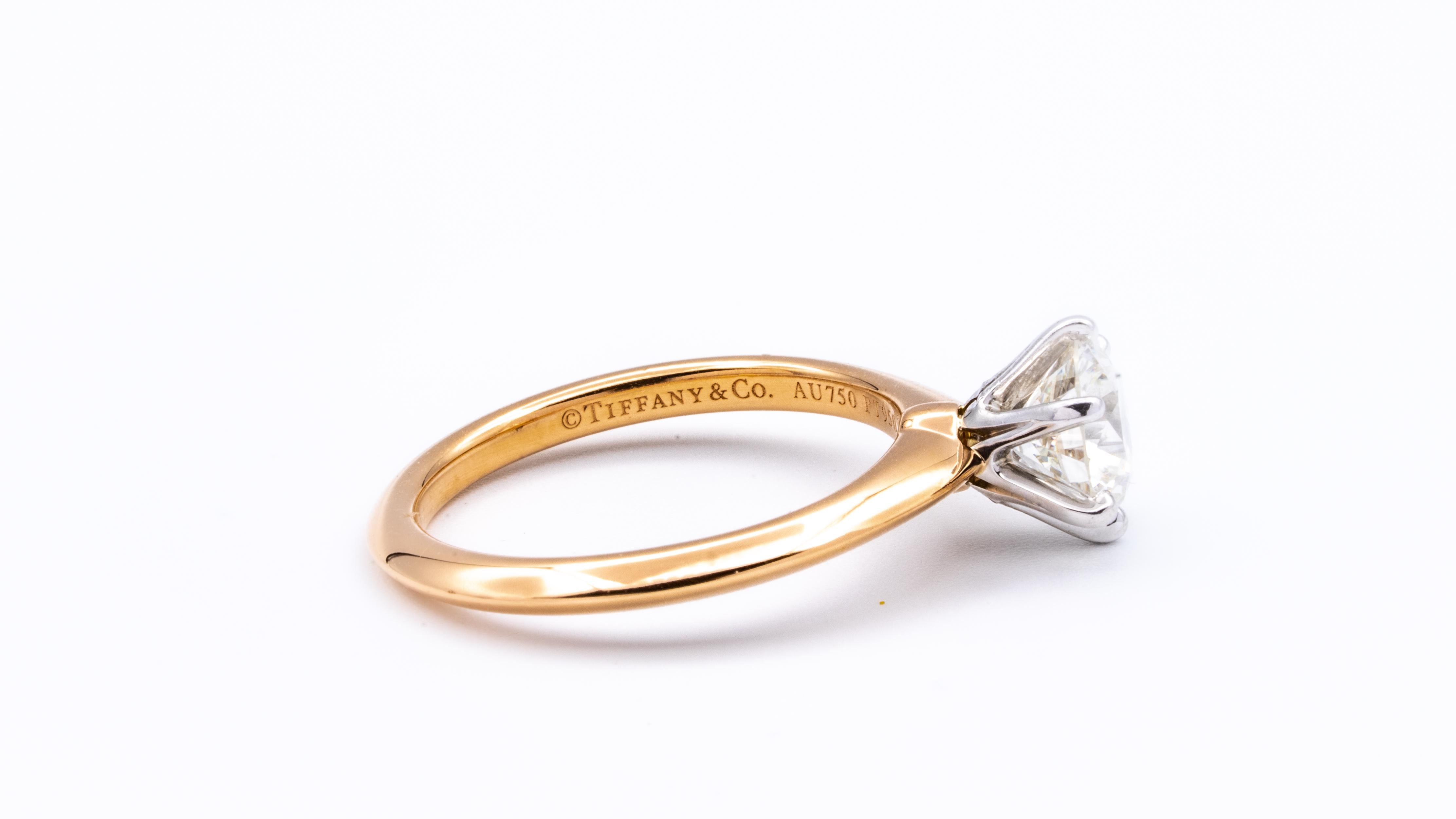 Round Cut Tiffany & Co. Solitaire 1.14 Carat IVS2 Center in Platinum and 18 Karat Gold