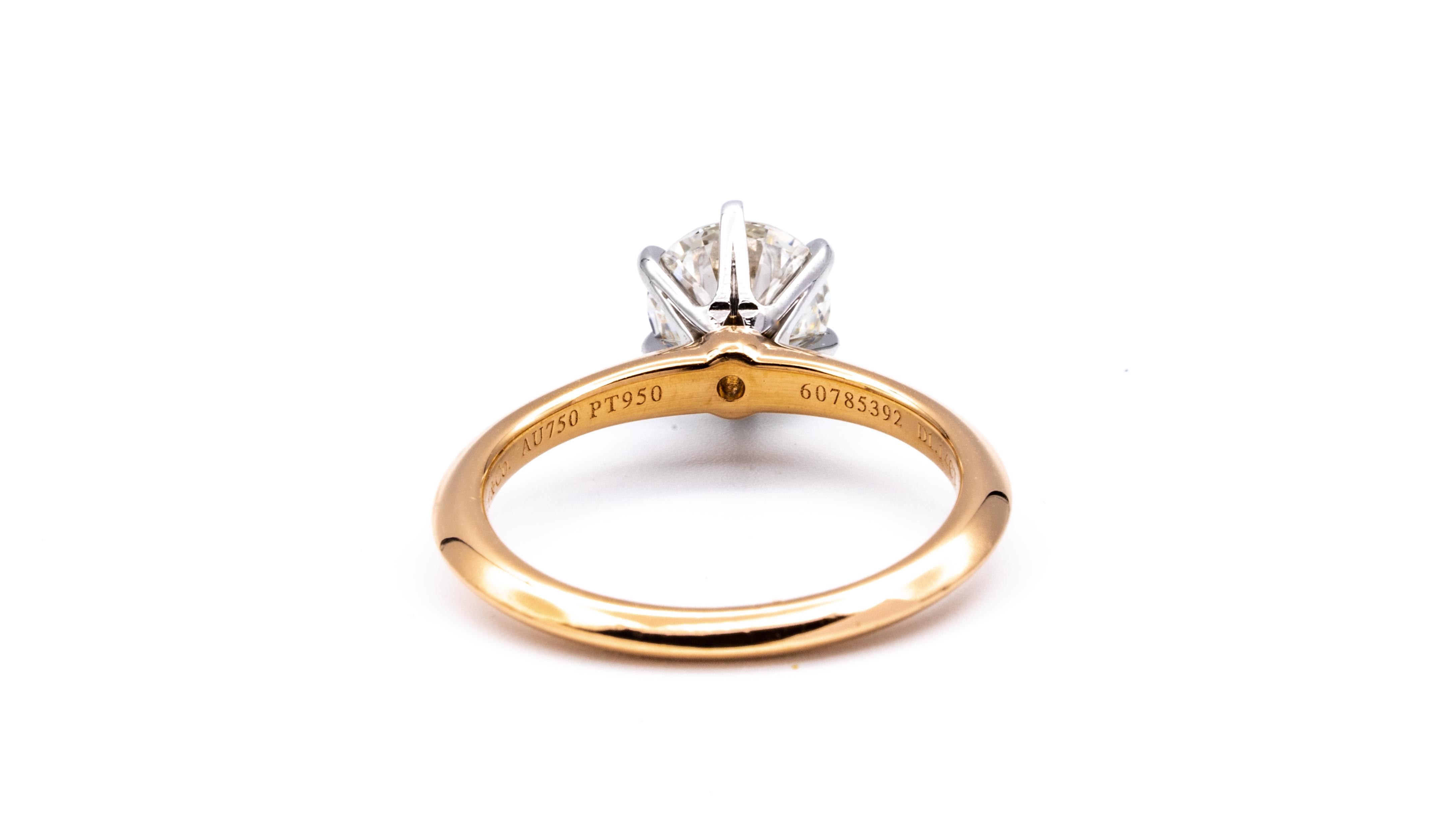 Tiffany & Co. Solitaire 1.14 Carat IVS2 Center in Platinum and 18 Karat Gold In Excellent Condition In New York, NY