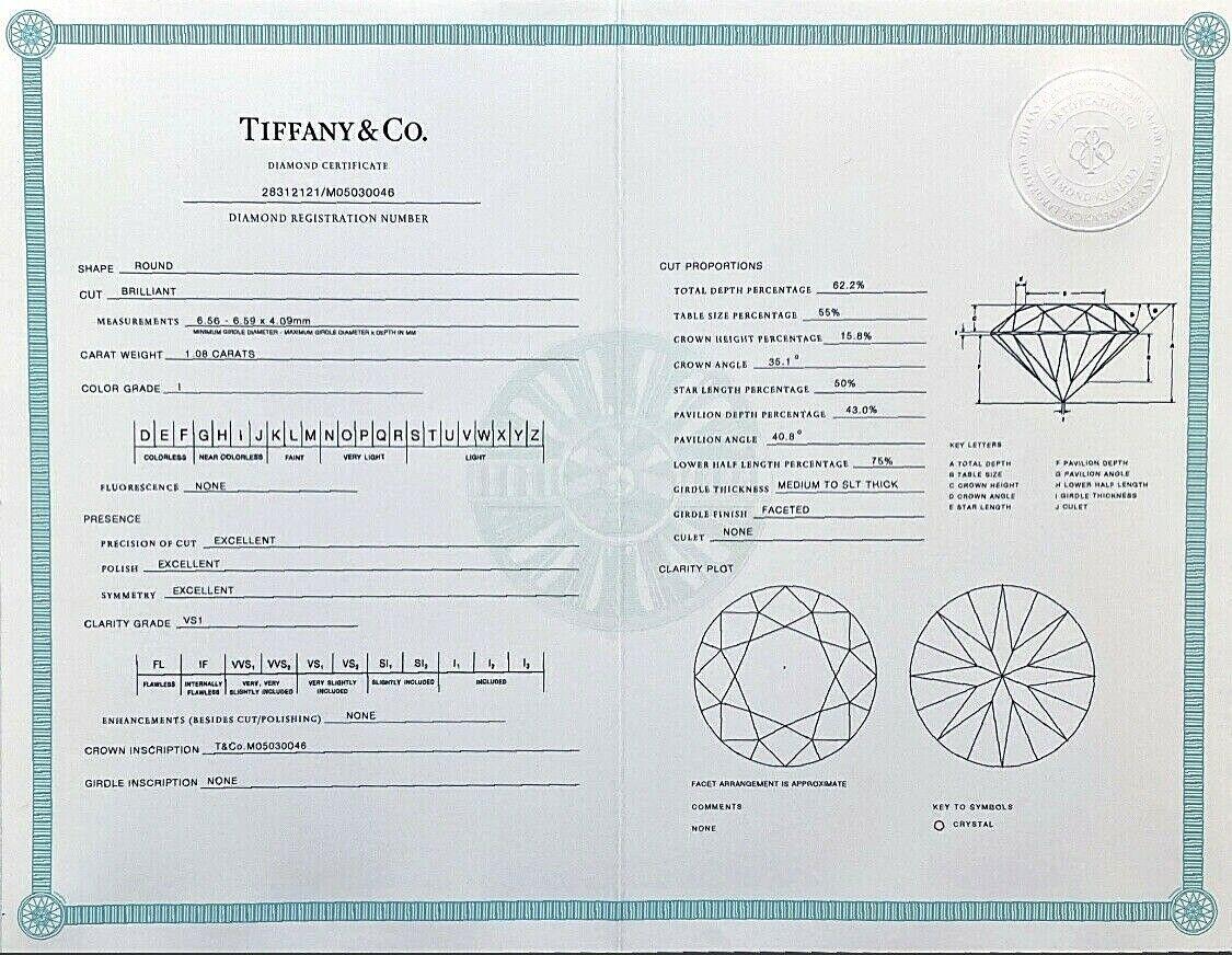 Modern Tiffany & Co. Solitaire Diamond Engagement Ring 1.08 Ct IVS1 Round in Platinum