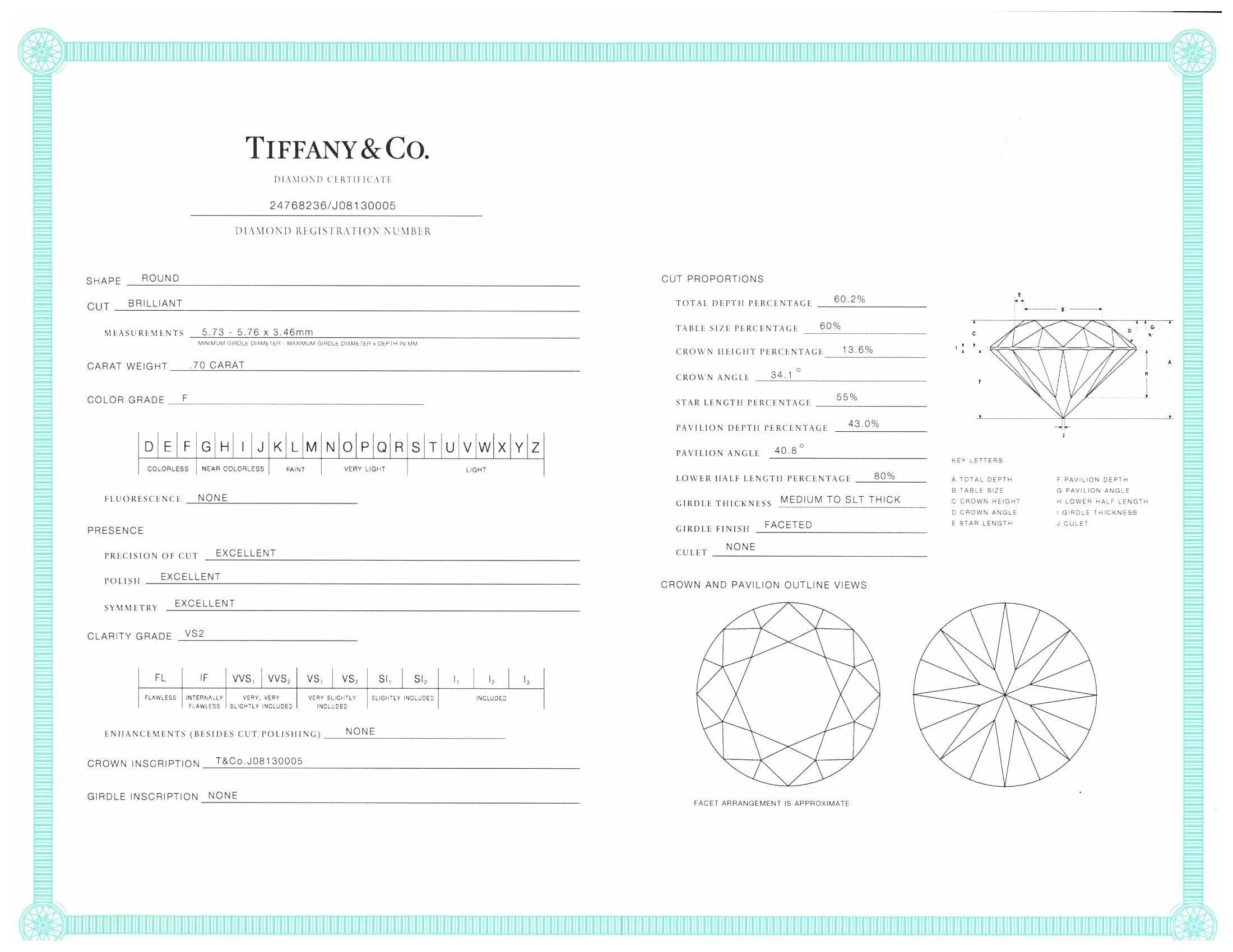 Modern Tiffany & Co. Solitaire Diamond Engagement Ring Round Cut .70 Ct FVS2 Platinum