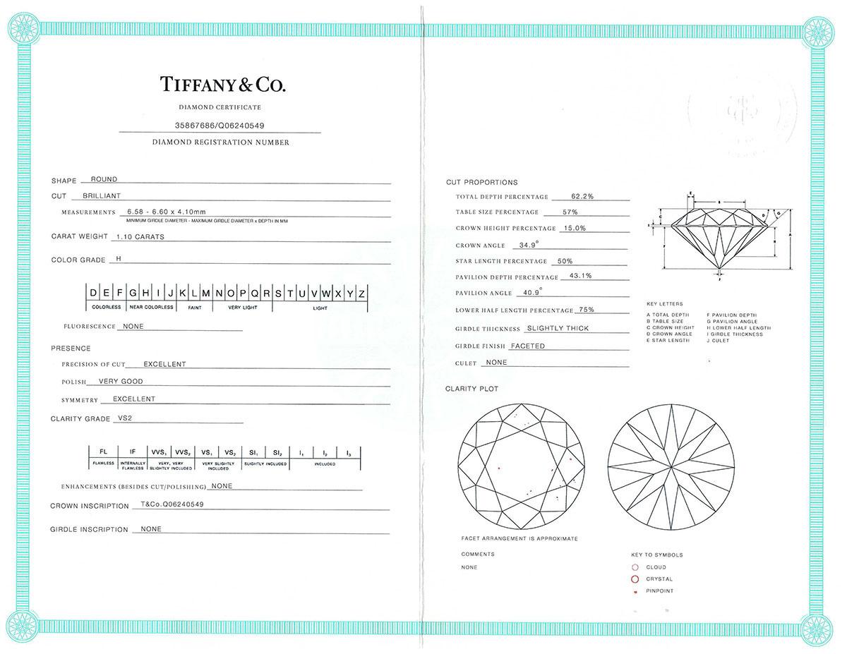 Tiffany & Co, bague de fiançailles solitaire en platine 1,10 carat H-VS2 en vente 3