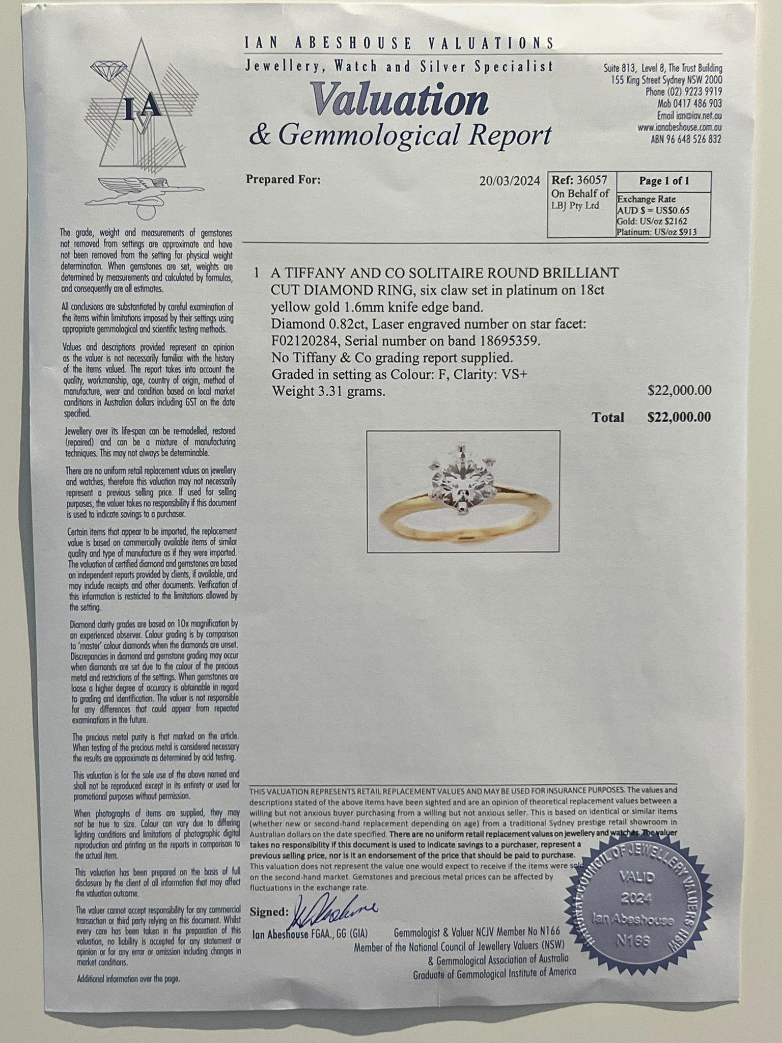 Brilliant Cut Tiffany & Co Solitaire Engagement Ring 0.82ct For Sale
