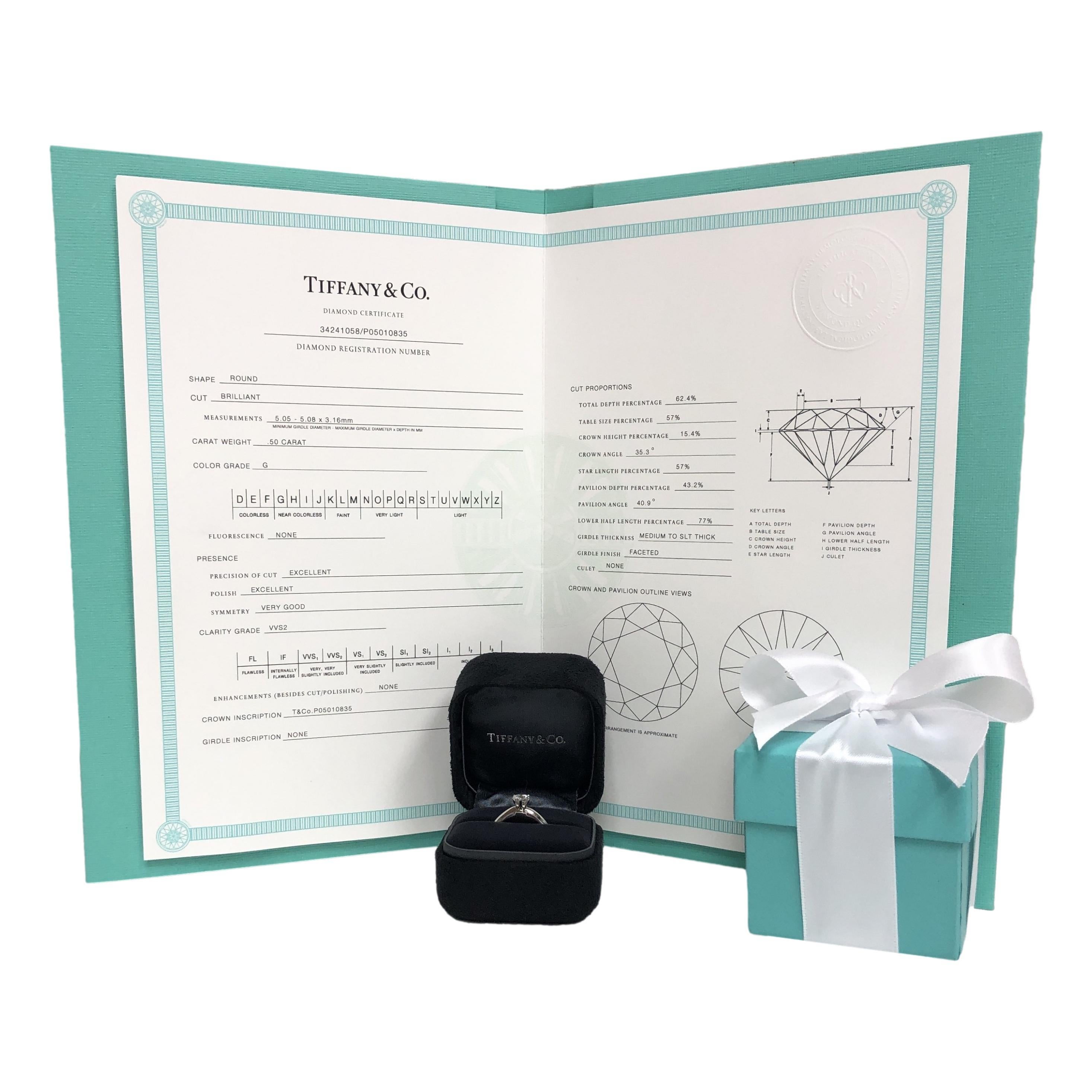Tiffany & Co. Solitaire Engagement Ring .50 Ct GVVS2 in Platinum Excellent Cut 1