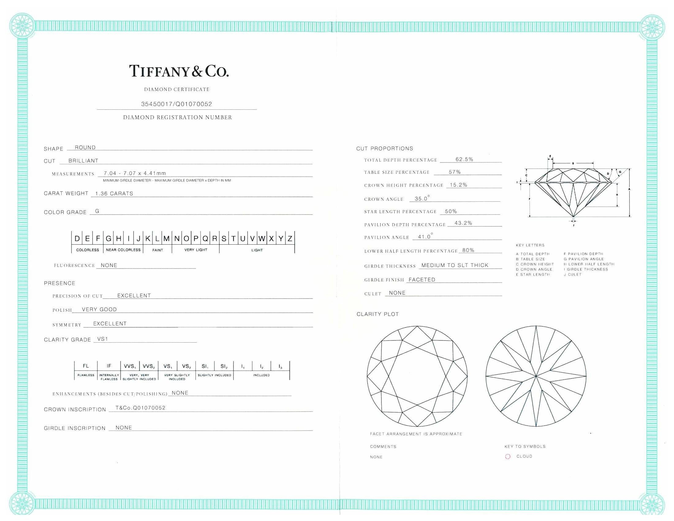 Tiffany & Co. Solitaire Engagement Ring Round 1.36ct Center GVS1 Platinum 1