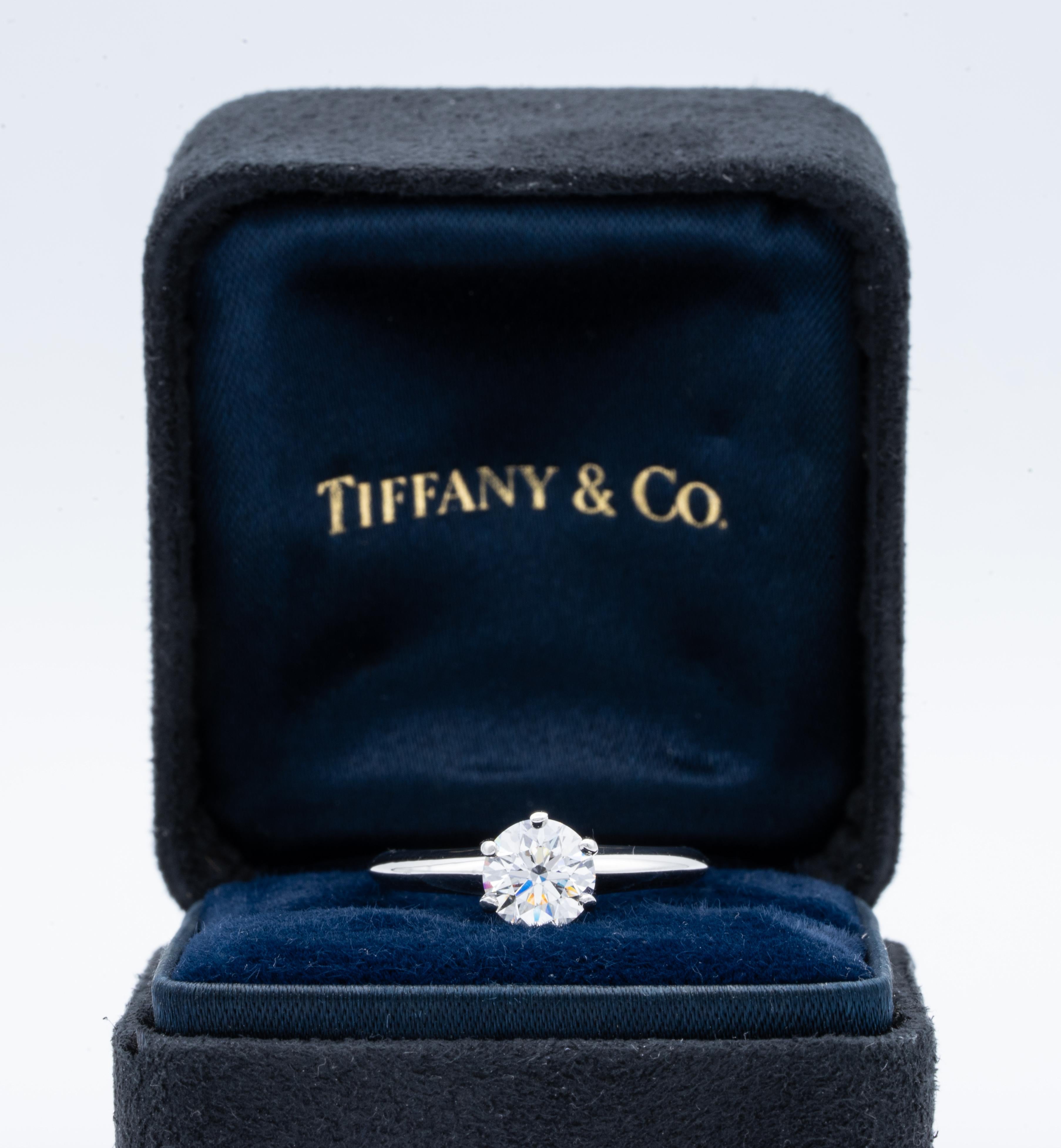 Tiffany & Co Round Brilliant Solitaire Engagement Ring featuring a 1.06 ct Center G  color, VVS2 clarity, finely crafted in a 6 prong Platinum Mounting. This diamond Includes a GIA certificate with report number 13333037 and a grading of G color and