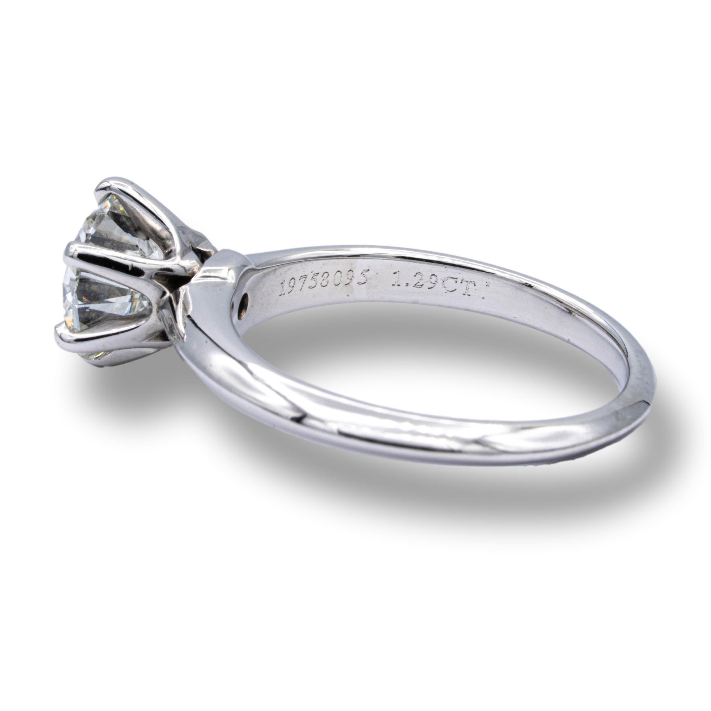 Modern Tiffany & Co. Solitaire Engagement Ring w/Round 1.29 Ct Center HVS2 Platinum
