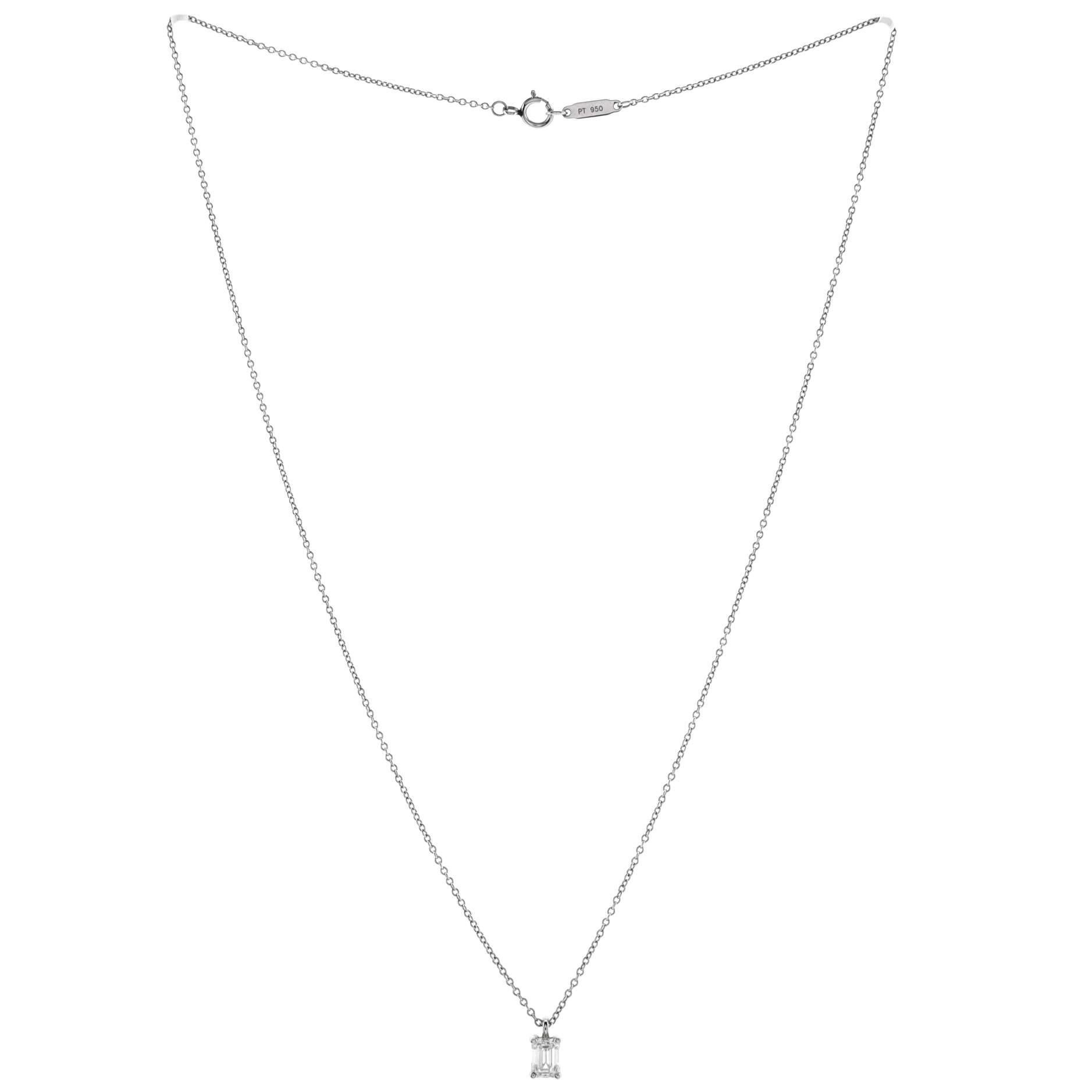 Tiffany & Co. Solitaire Pendant Necklace Platinum with Emerald Cut Diamond0.49CT In Good Condition For Sale In New York, NY