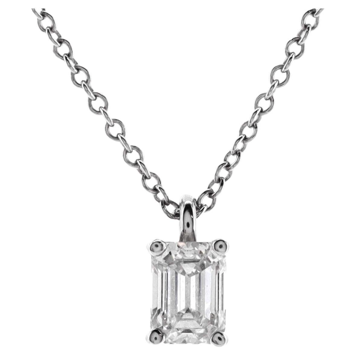 Tiffany & Co. Solitaire Pendant Necklace Platinum with Emerald Cut Diamond0.49CT For Sale