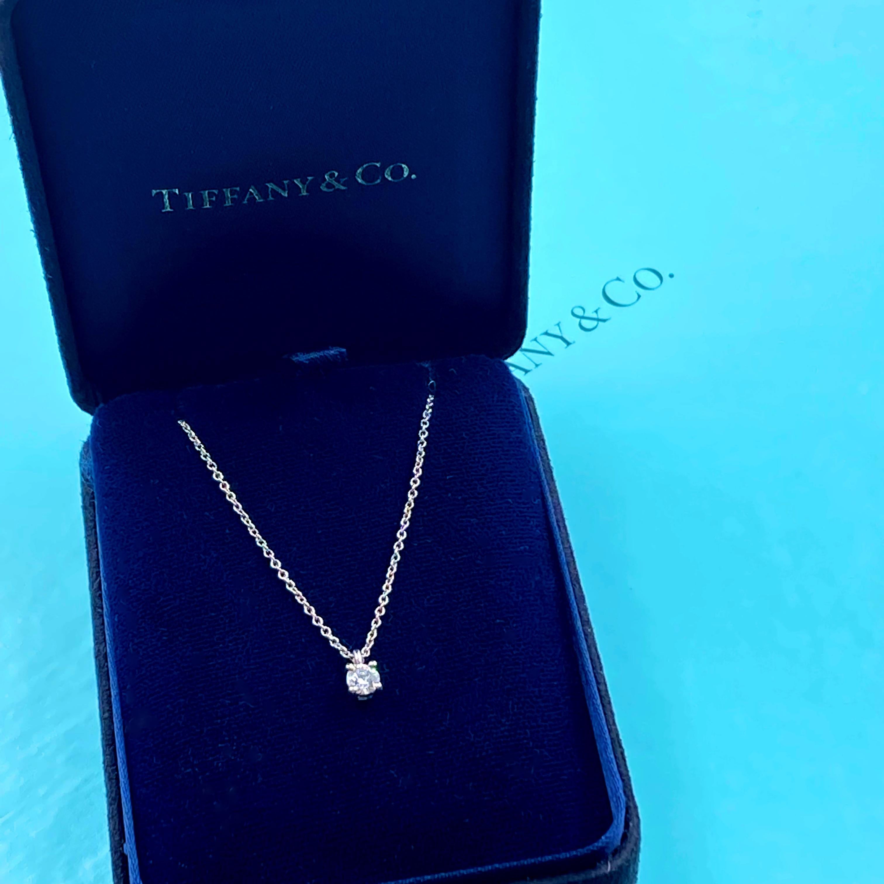 Round Cut Tiffany & Co. Solitaire Round Diamond Pendant 0.18 Cts G VVS in Platinum For Sale