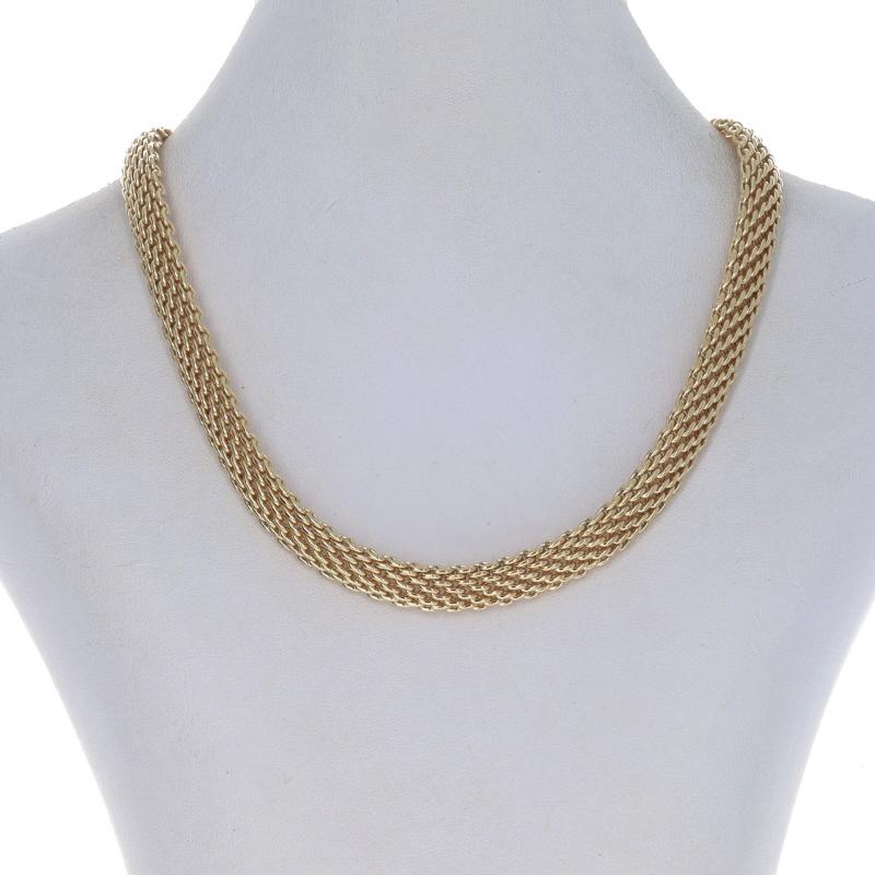 Brand: Tiffany & Co.
Collection: Somerset

Metal Content: 18k Yellow Gold

Chain Style: Woven Mesh
Necklace Style: Chain
Fastening Type: Tab Box Clasp with Fold-Under Safety Clasp

Measurements
Length: 16