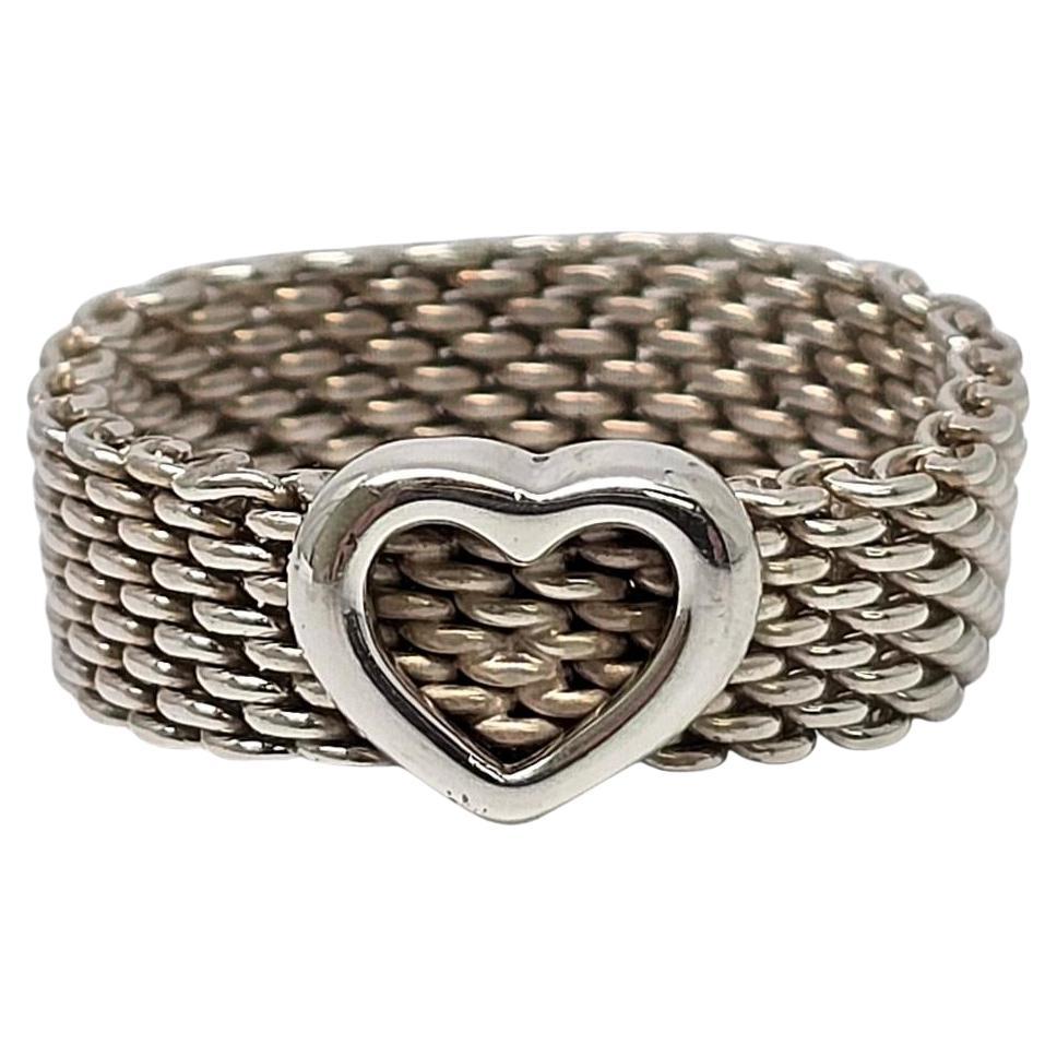 Tiffany & Co Somerset Sterling Silver Heart Mesh Ring Size 8 #20134