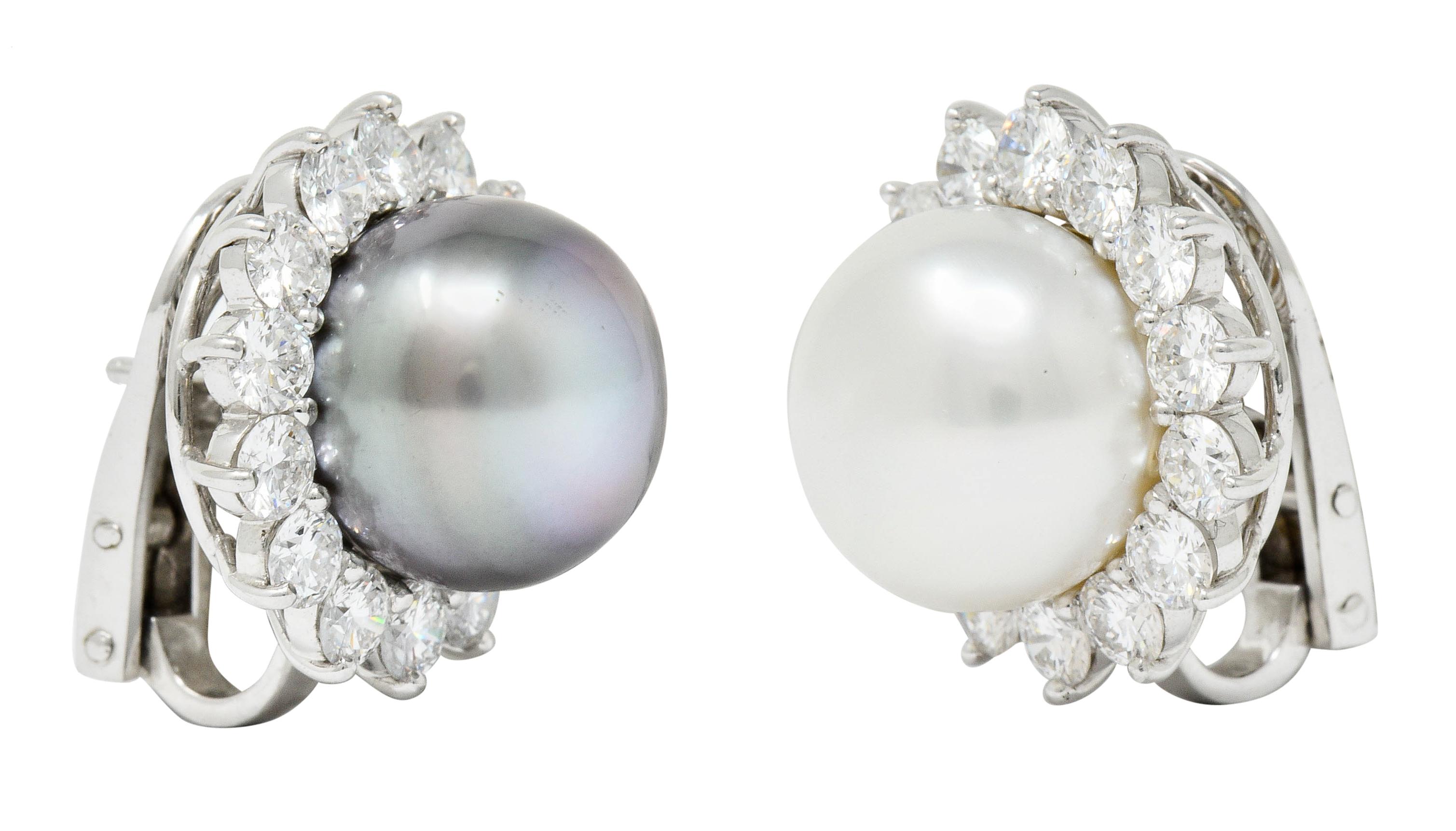Tiffany & Co. South Sea Pearl 4.50 Carat Diamond Platinum Cluster Earrings In Excellent Condition In Philadelphia, PA