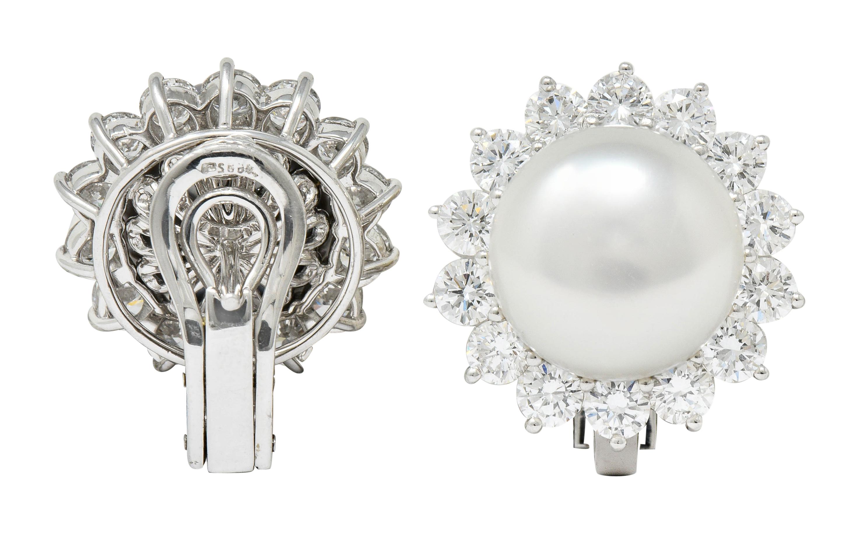 Brilliant Cut Tiffany & Co. South Sea Pearl 4.50 Carat Diamond Platinum Cluster Earrings