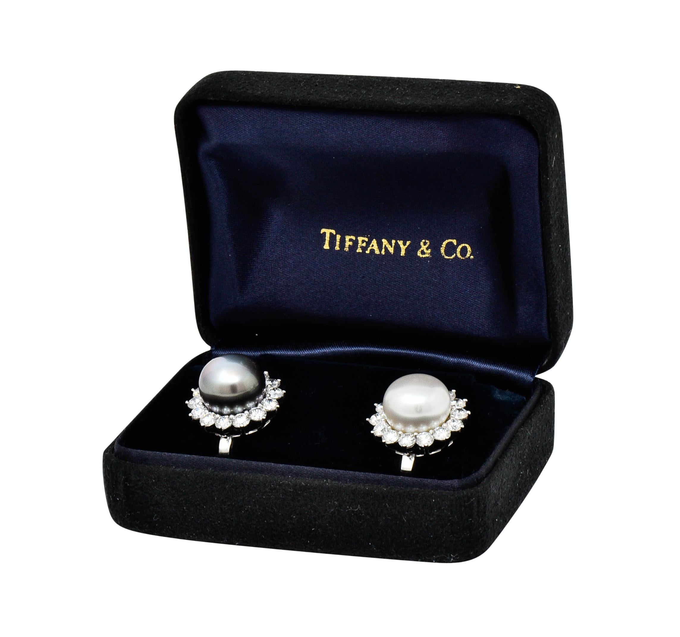Women's or Men's Tiffany & Co. South Sea Pearl 4.50 Carat Diamond Platinum Cluster Earrings