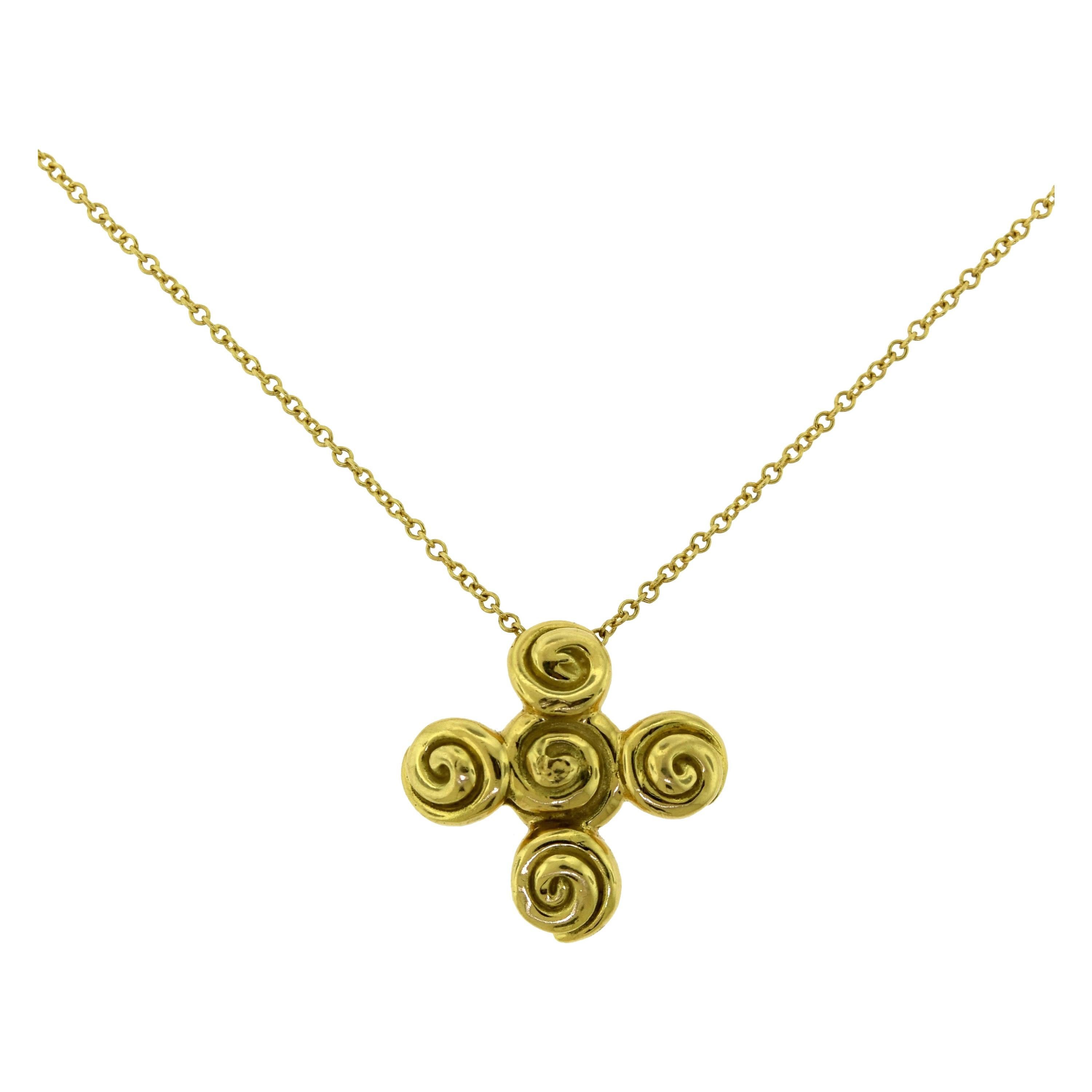 Tiffany & Co. Spiro Swirl Rosebud Cross 18k Yellow Gold Vintage Pendant Necklace